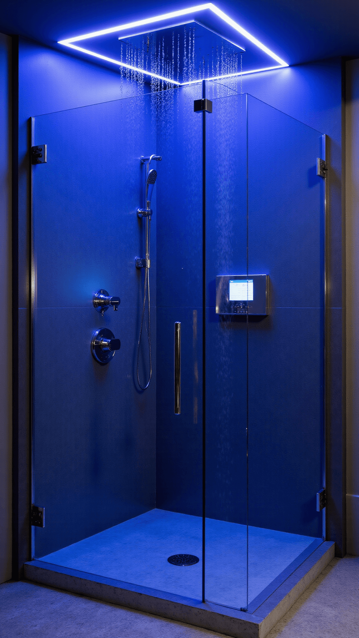 Modern 10x12ft bathroom with a high-tech frameless glass shower, blue LED control panel, ceiling-integrated waterproof speakers, and purple-blue ambient LED lighting, with graphite grey porcelain tiles and chrome fixtures, photographed during blue hour.