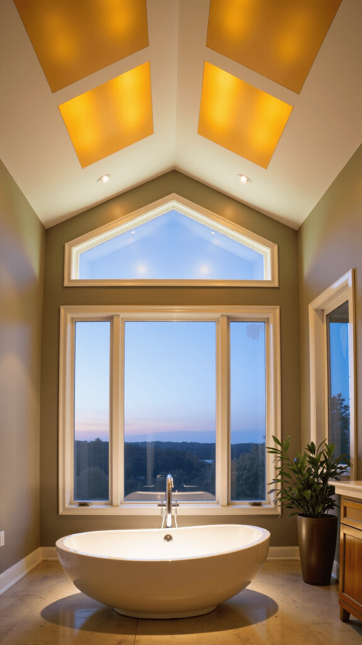Master bathroom at dawn with warm to daylight shifting OLED lights integrated in vaulted ceiling, situated above a glossy soaking tub and surrounded by minimalist bamboo cabinetry, all showcased by smart glass windows with adjustable opacity from an elevated corner shot.