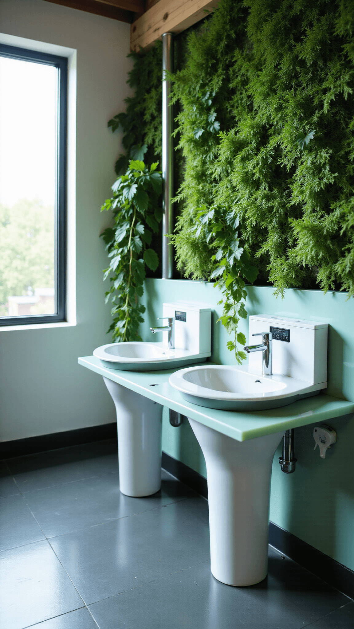 Eco-friendly bathroom with smart water recycling system, living plant wall, digital water usage display, recycled glass countertops with wireless charging, and green and silver color scheme showcased under natural and soft lighting.