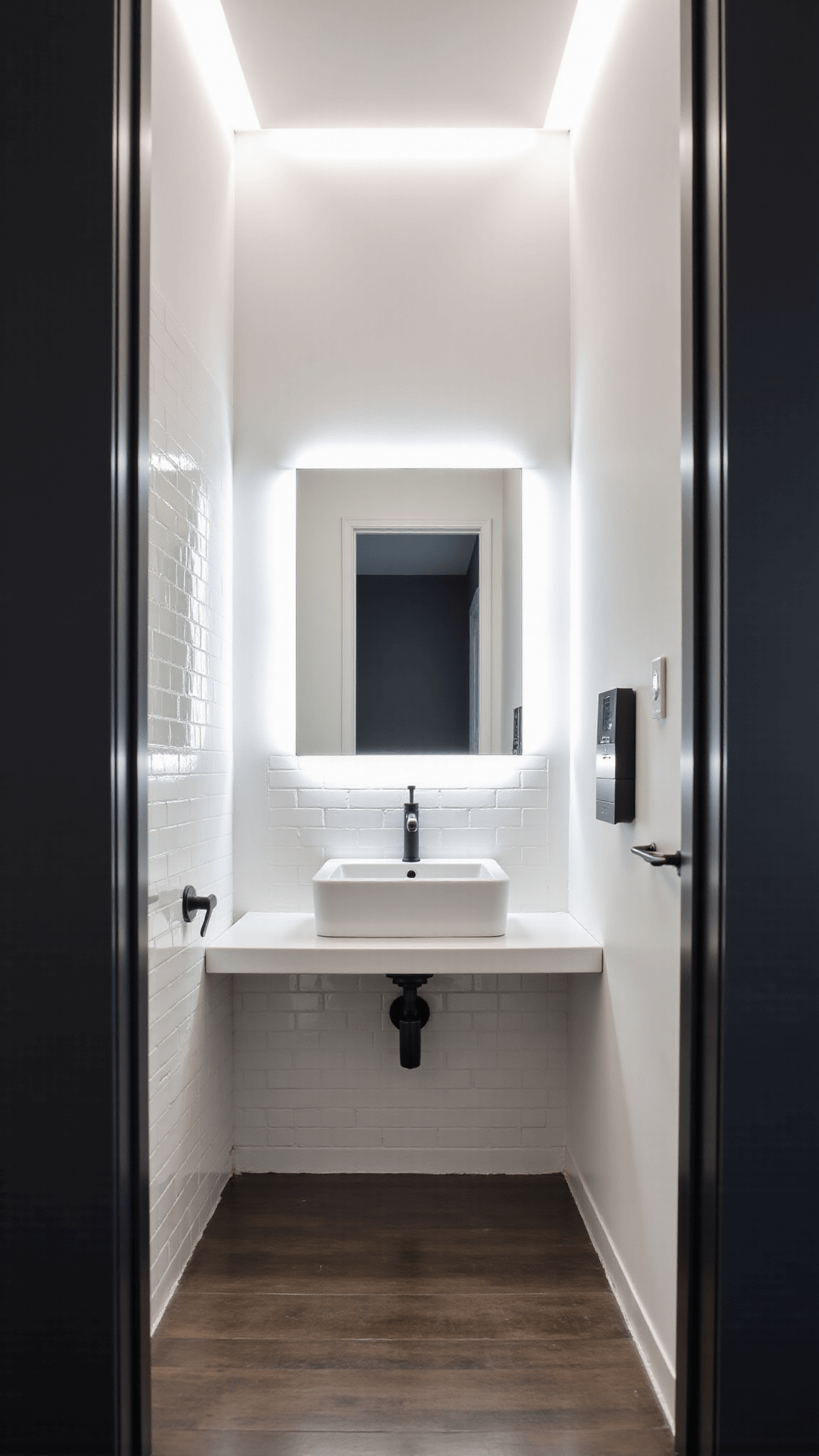 Futuristic budget-friendly bathroom with LED strip lighting, smart mirror, matte black fixtures, digital shower controller, and white surfaces, captured from the doorway during evening.