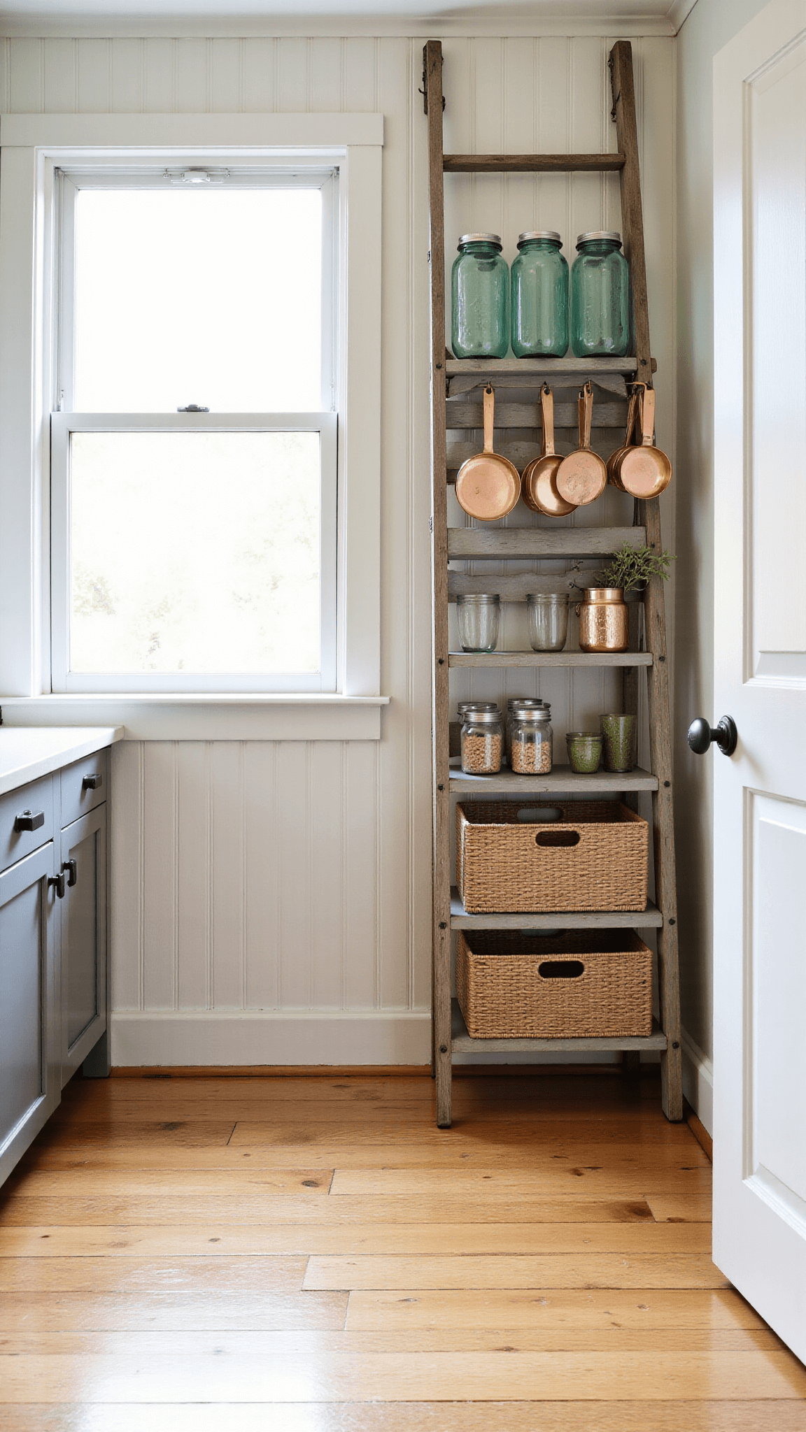 Sunny spacious 10x12ft farmhouse pantry with open gray wood shelving, seagrass baskets, vintage mason jars with dry goods, and copper accents against white beadboard walls and oak flooring, shot at a 45-degree angle