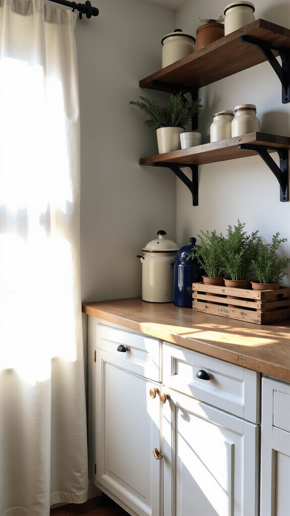 Dawn light filtering through linen curtains onto a farmhouse pantry workspace, featuring vintage enamelware canisters, fresh herbs in a rustic crate, and whitewashed pine shelving