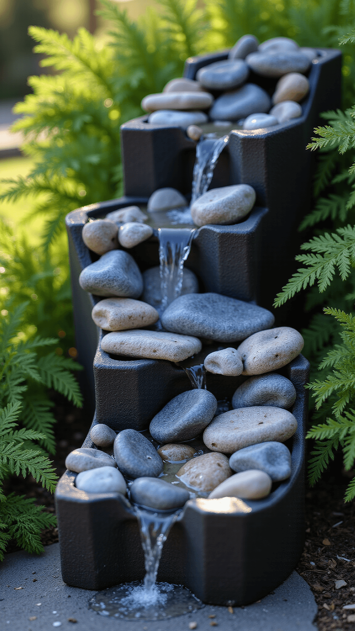 Closeup of a modern water feature in a charcoal ceramic planter with cascading water over gray and slate blue river rocks, surrounded by green ferns in morning light, showcasing morning dew and water movement.