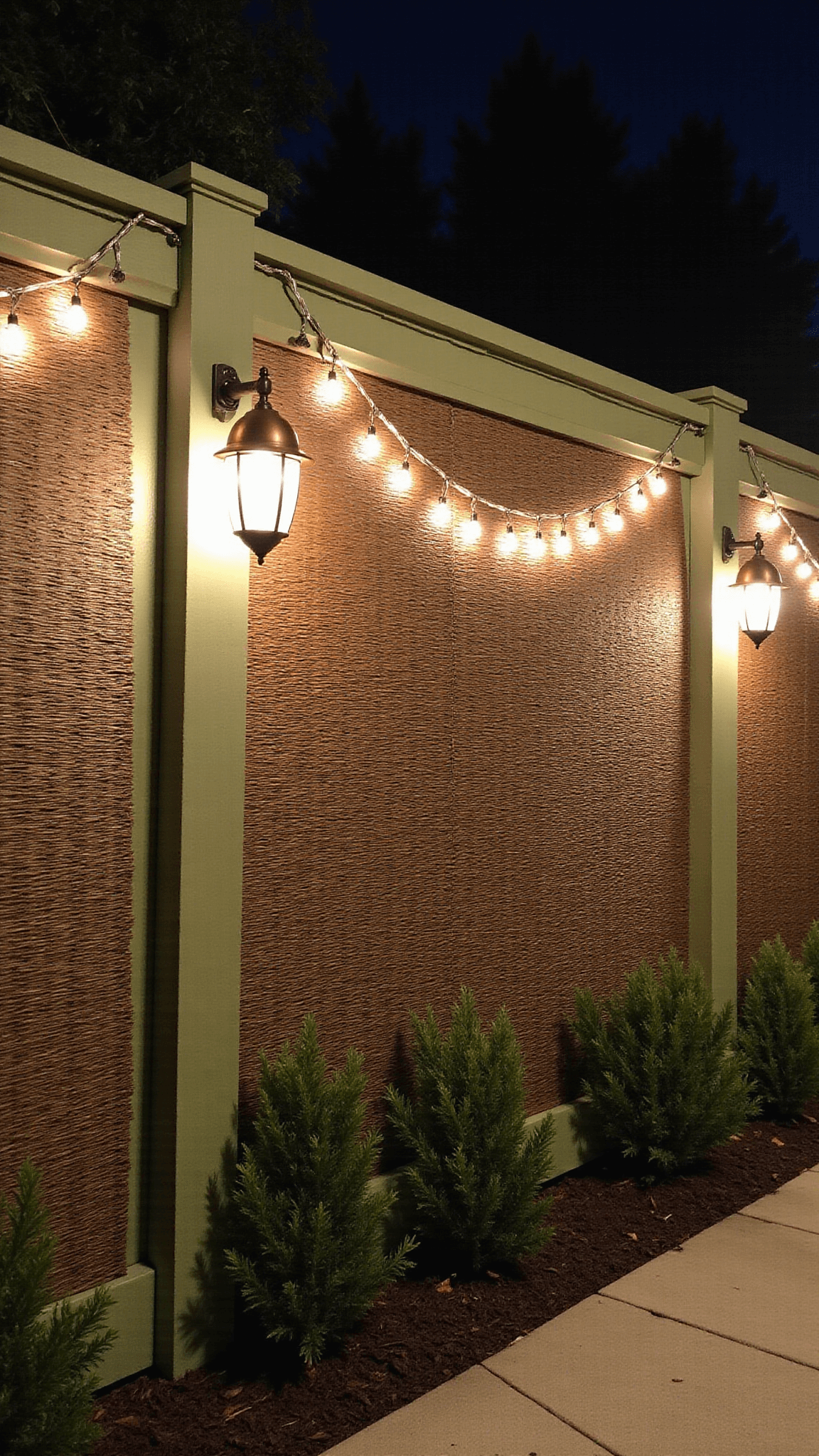 Transformed 8' greenwooden fence adorned with succulent planters and string lights at twilight, providing uplighting on textured bamboo panels
