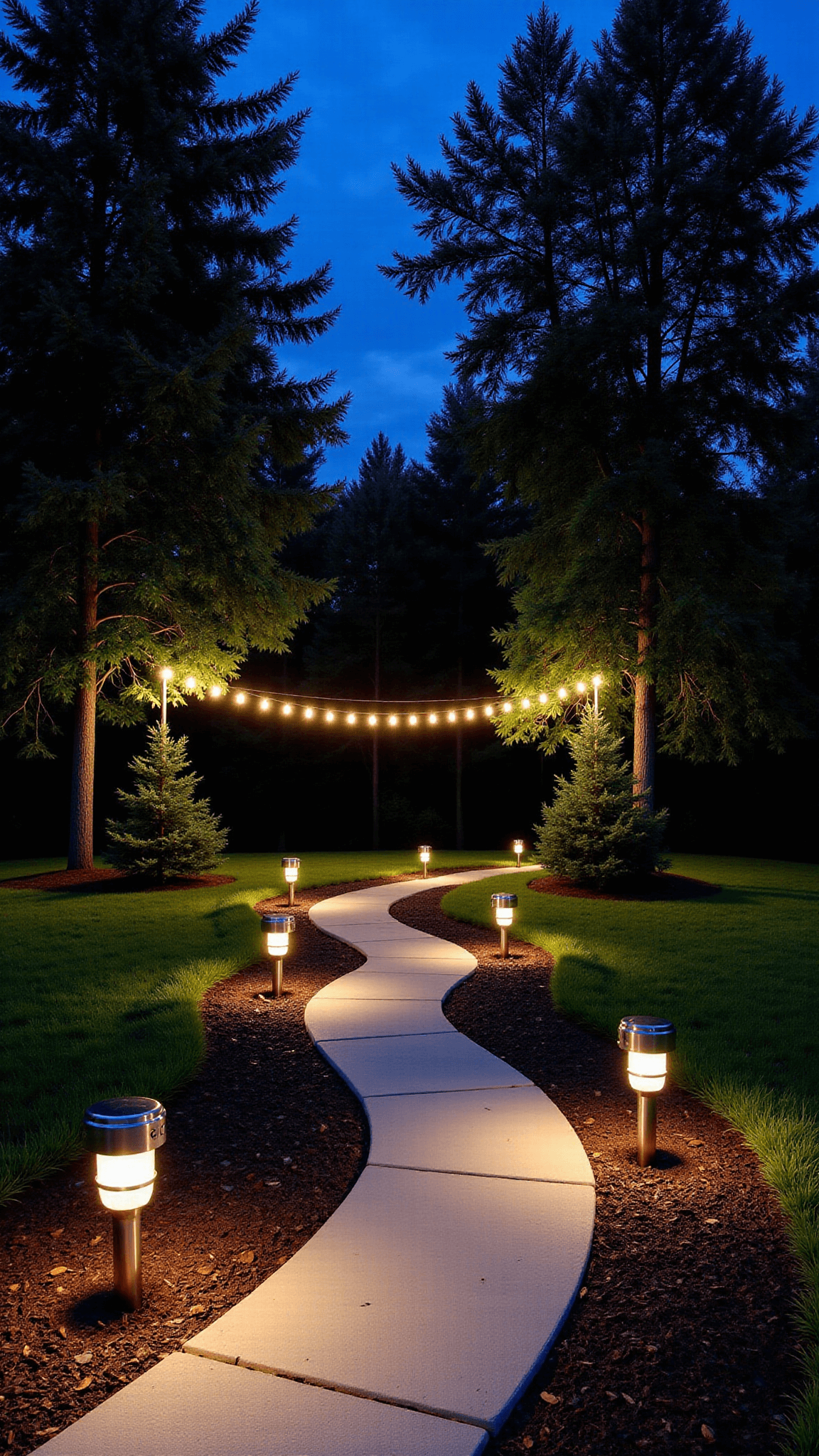 Dusk photograph of a garden path lit by copper and silver solar lights, with edison-style string lights overhead between mature trees against a cool blue twilight sky, shot from ground level at a 30-degree angle.