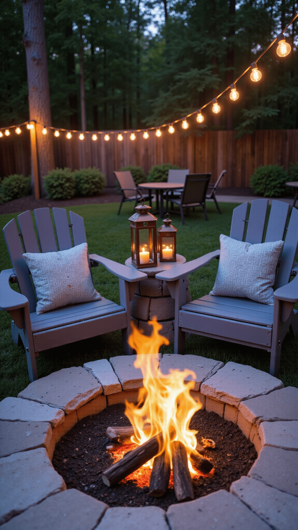 DIY stone fire pit surrounded by gray adirondack chairs with copper lanterns and string lights at sunset