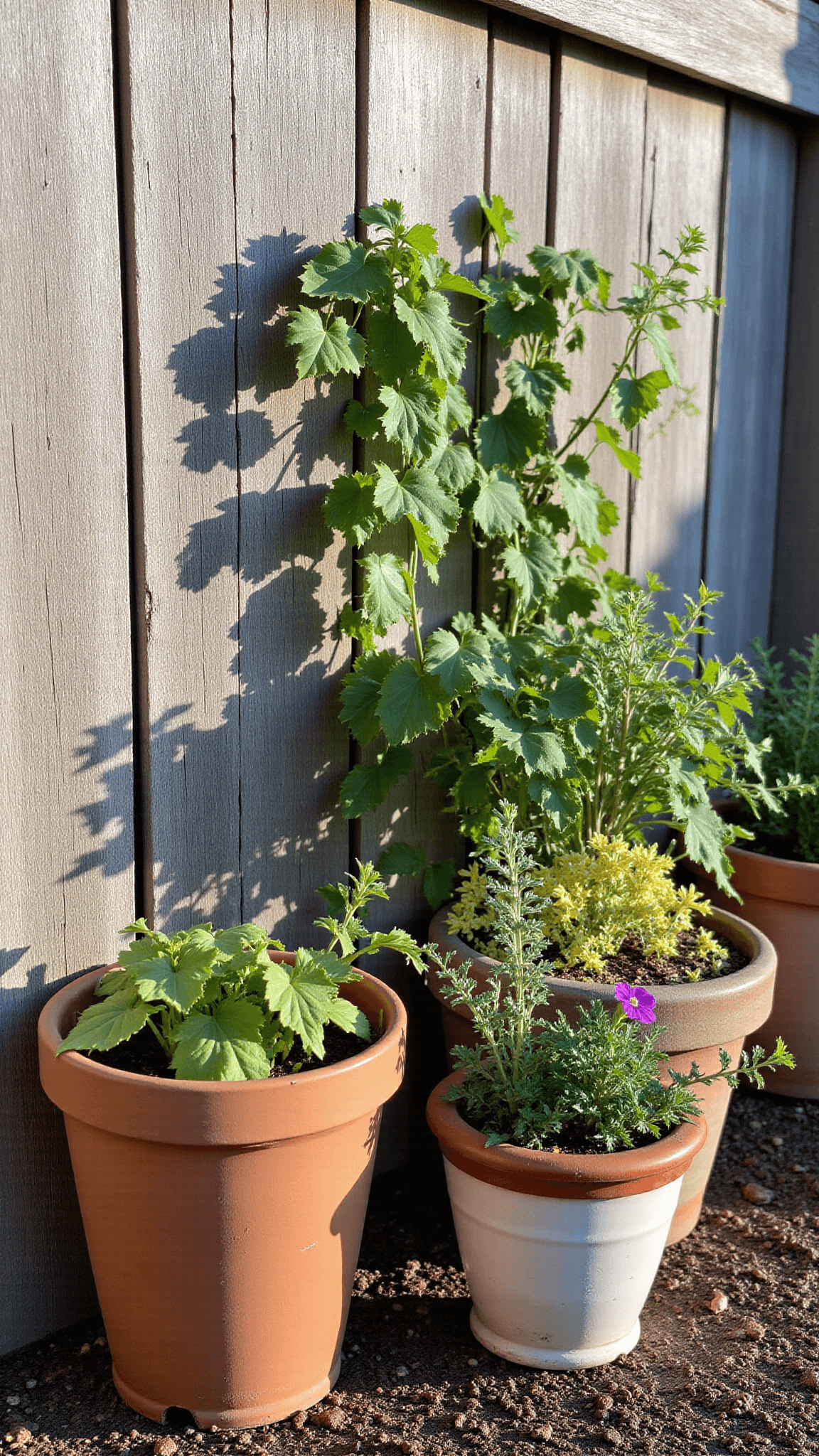 Low angle shot of mismatched vintage planters with blooming perennials and cascading vines in a budget-friendly container garden corner with long morning shadows on a distressed wood fence backdrop.