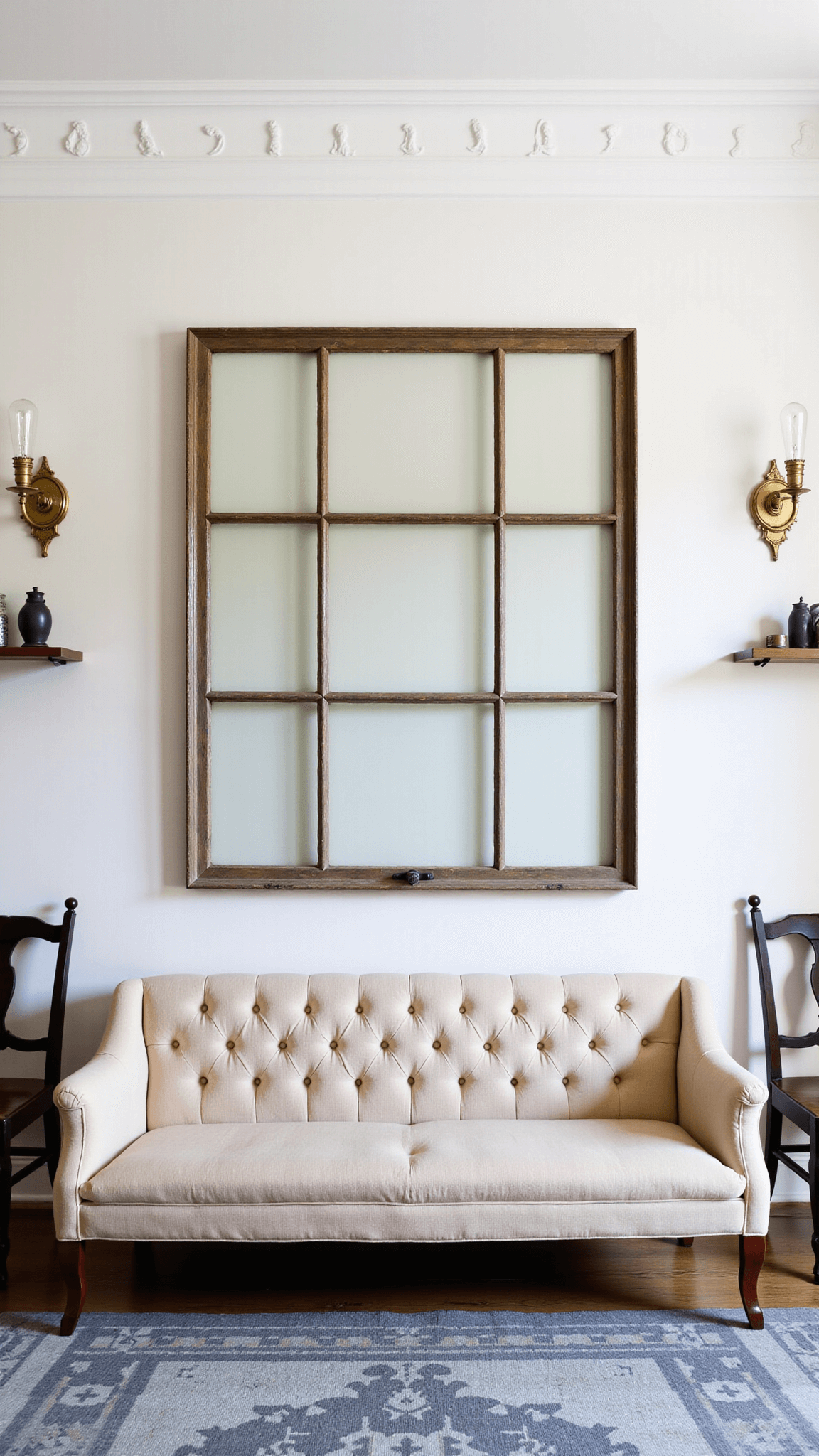 Elevated view of a grand, formal farmhouse parlor at dusk, showcasing 12-foot white ceilings, salvaged church window frame wall art, brass sconces, a tufted linen settee on a blue-grey vintage rug, and asymmetrical floating shelves decorated with collectibles.
