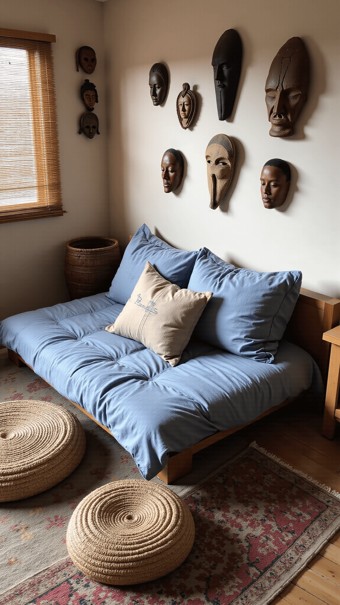 Boho bedroom at dawn with morning light filtering through bamboo blinds, layered indigo textiles on a futon bed, tribal masks on wall, meditation cushions on a vintage rug, and blue accents.