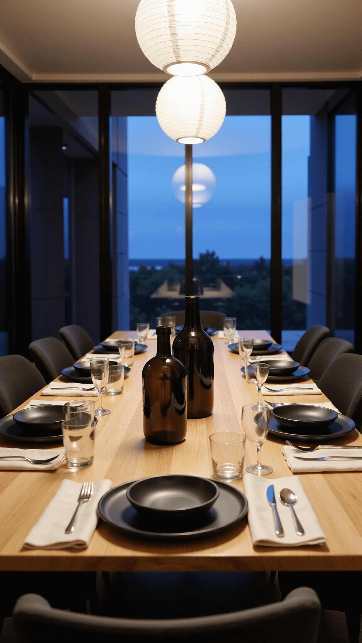 Modern dining space at dusk with ash wood table, black stoneware plates, linen napkins, and smoke glass vases under paper lanterns, showcasing a contrast of materials and colors.
