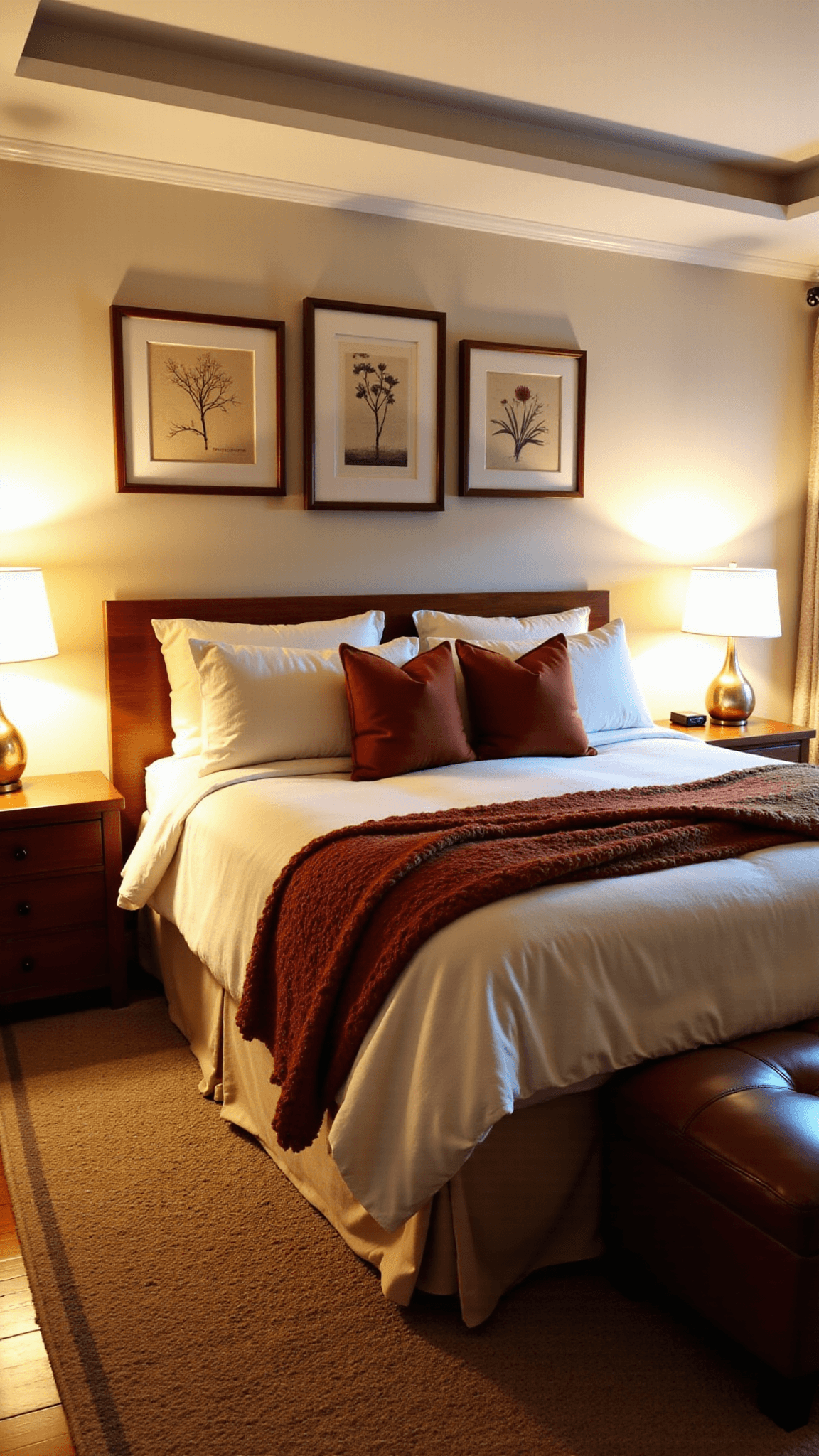 A master bedroom sanctuary with a king bed dressed in cream, terra cotta, and deep rust linens, an oversized wooden headboard with floating nightstands, a seagrass armchair with leather ottoman, set against a gallery wall of botanical prints in brass frames, under a softly lit tray ceiling. The room is subtly illuminated with dusk lighting from amber table lamps and a Moroccan rug in muted earth tones enhances the cozy mood.