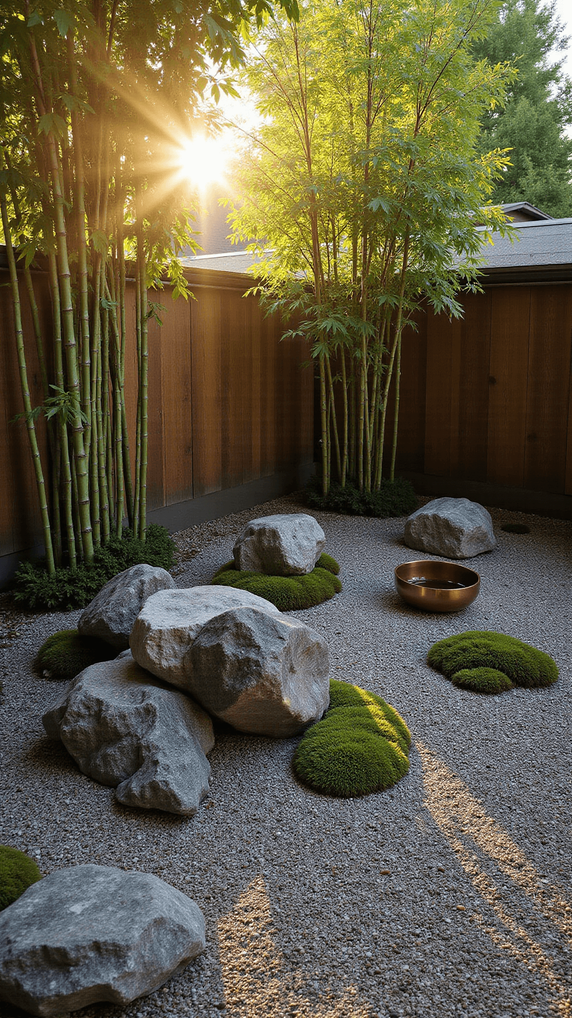 Zen garden in sunset light with bamboo shadows, granite boulders, moss patches, and a copper water basin