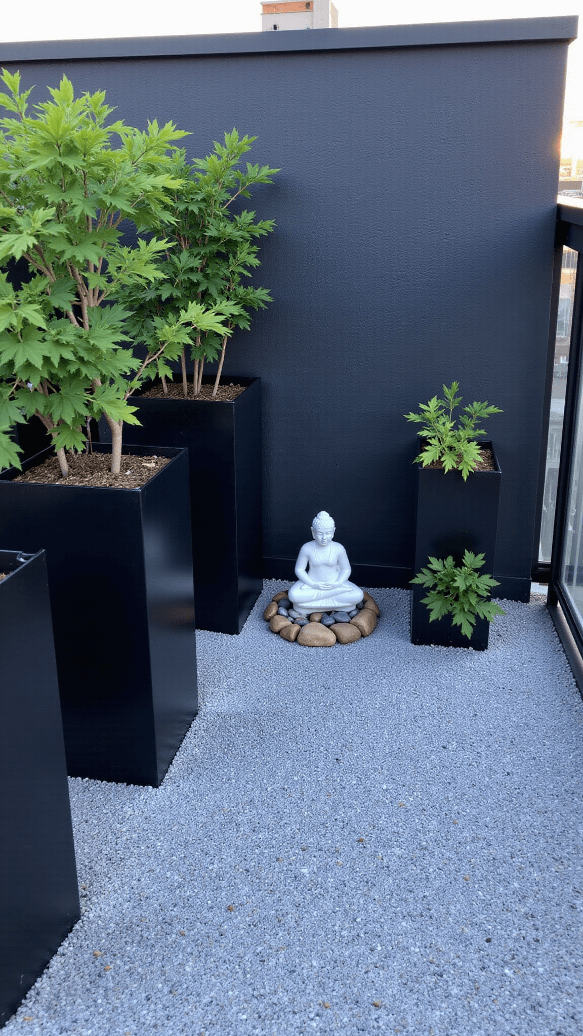 Modern urban balcony with minimalist Zen design, featuring gravel beds, dwarf Japanese maples in black planters, and a Buddha statue among river rocks, lit by early morning light.