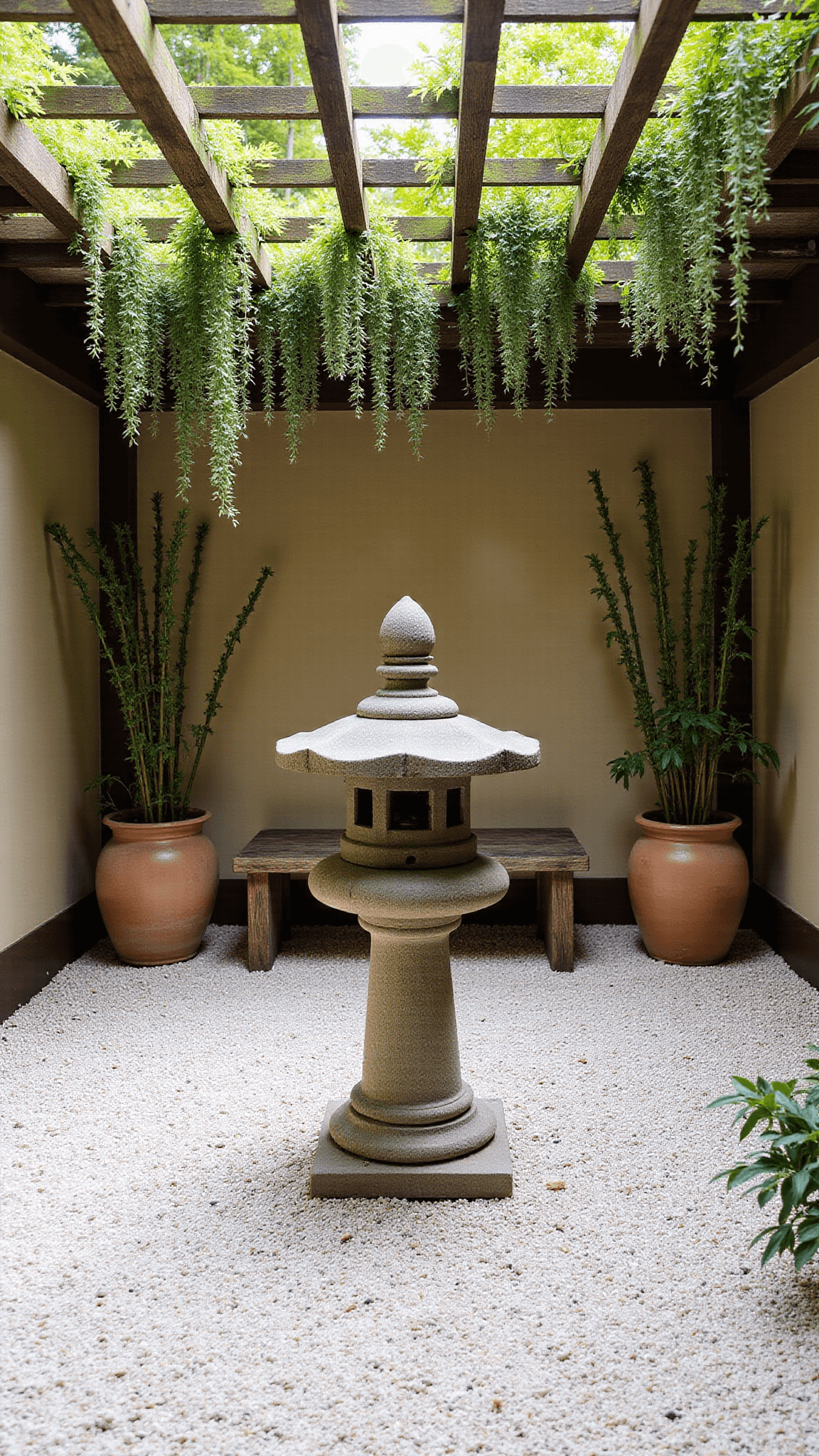 Midday view of intimate Zen sanctuary with stone lantern, bamboo in pottery, and wisteria-draped pergola over white gravel and wooden meditation bench
