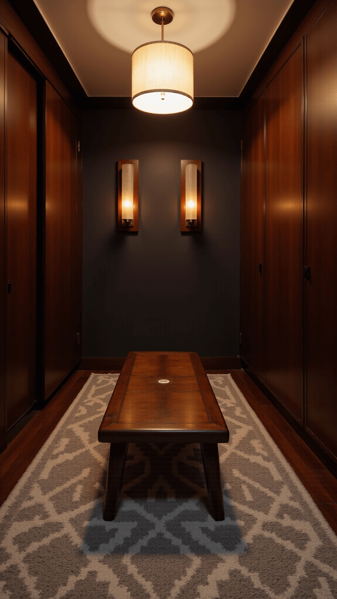 Dusk-lit interior of a 10x12ft dressing room with moody lighting from a paper floor lamp, floor-to-ceiling Japandi wardrobes in dark walnut finish, vintage low wooden stool on a geometric wool rug, brass wall sconces, shot at 35mm in a color palette of deep browns, warm blacks, and antiqued brass.