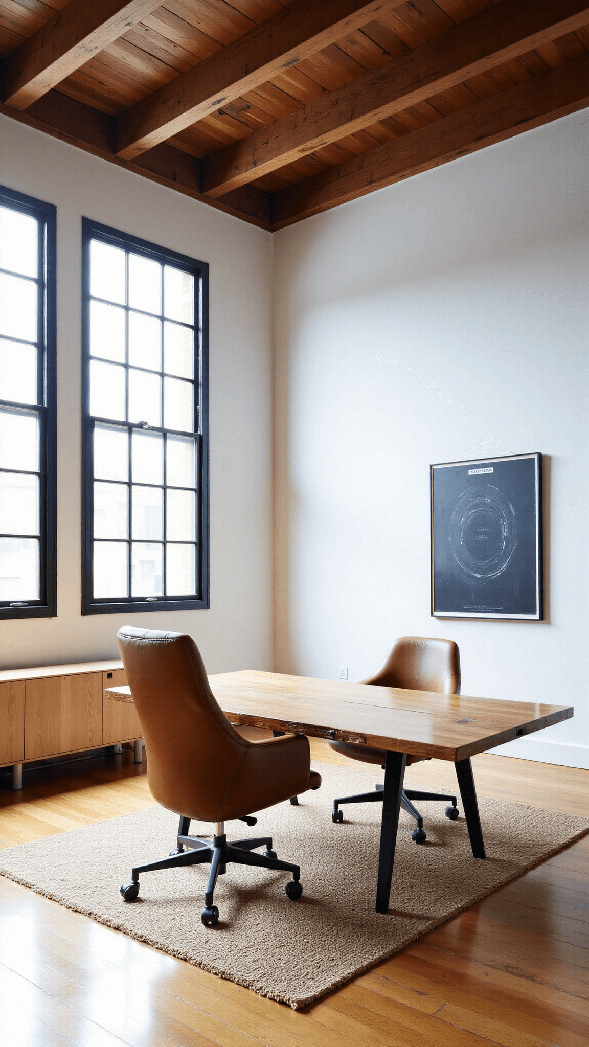 Elevated view of a spacious creative workspace with high ceilings, exposed wooden beams, large oak desk, cognac leather chair, jute rug, and abstract artwork in soft overcast lighting.