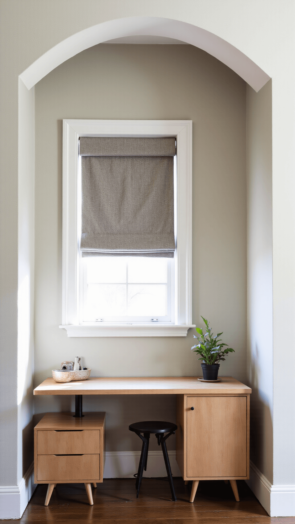 8x10ft home office alcove with architectural arch, maple desk and low-profile filing cabinet, linen roman shade, botanical print, ceramic pencil holder and potted succulent, in soft morning light.