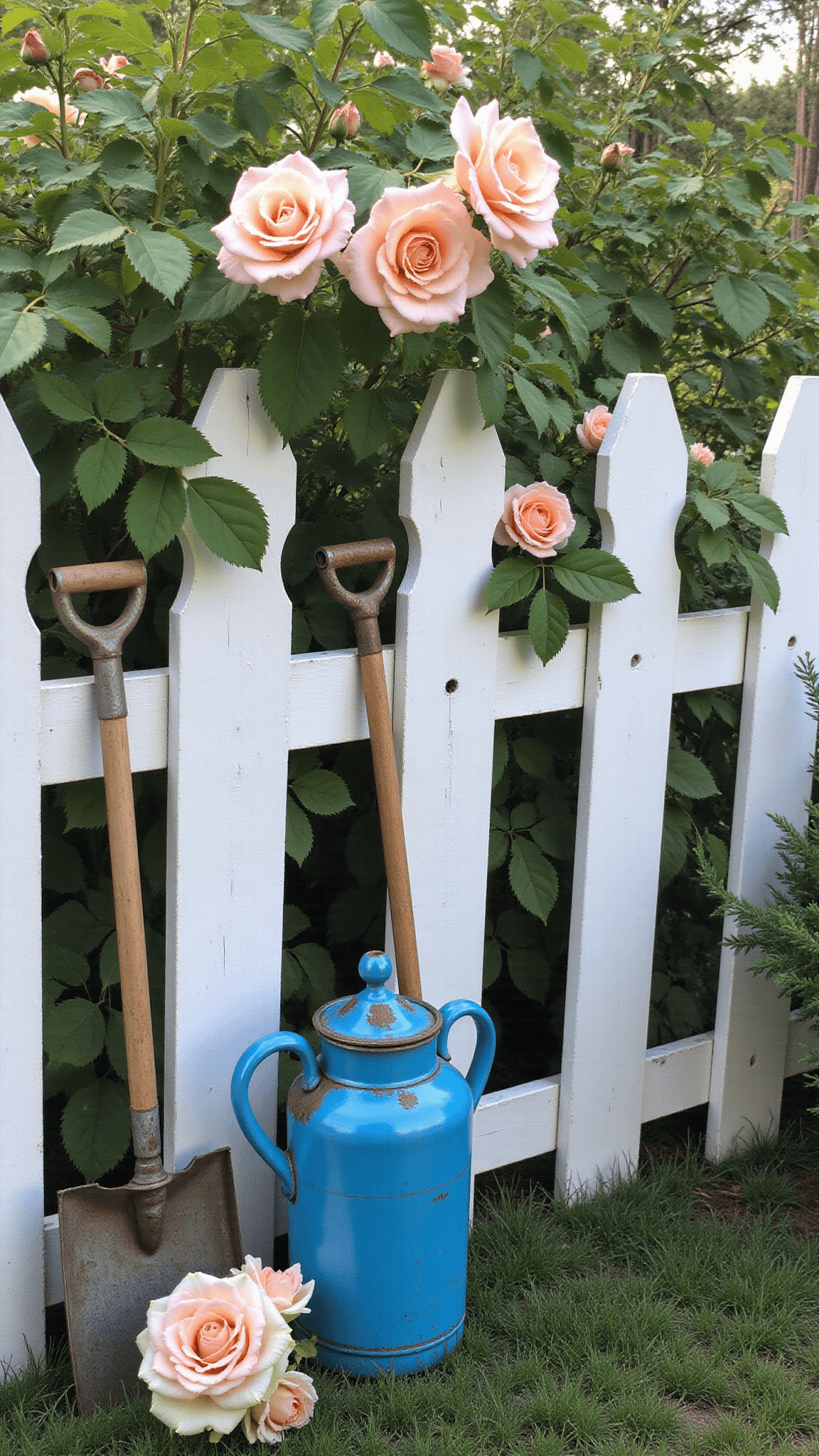 2227cottage Roses Picket Fence Morning