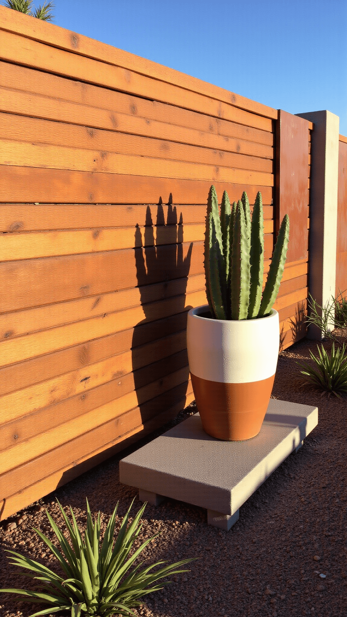 Late afternoon view of a desert-modern fence design featuring horizontal cedar planks and concrete block accents, large-scale ceramic vessels with architectural agave and barrel cactus, and Corten steel panels, captured from a 45-degree angle to highlight geometric interplay and texture contrasts.