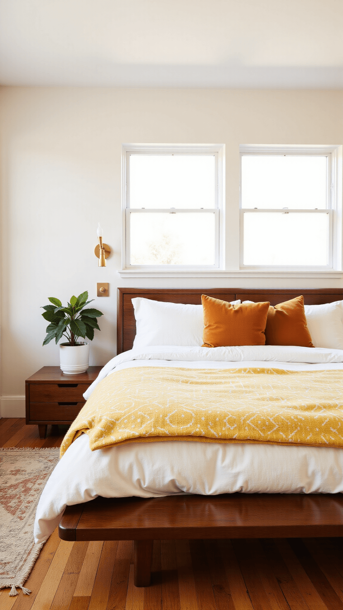 Sunny, elegant master bedroom with walnut platform bed, crisp linen bedding, brass wall sconces, natural oak flooring, and a potted fiddle leaf fig, showcasing a mid-century aesthetic.