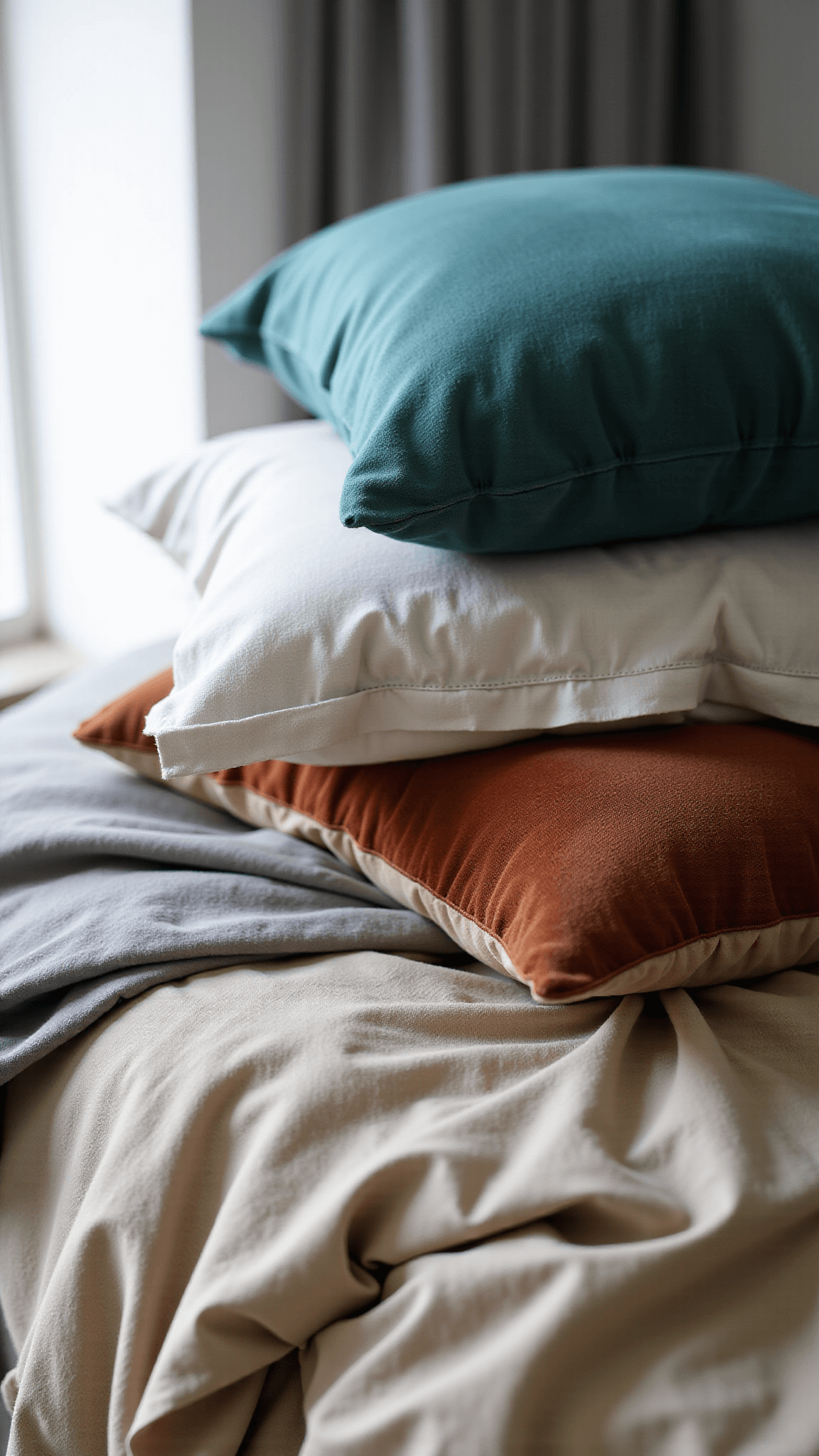 Detail shot of a perfectly-made bed with oatmeal Belgian linen sheets, pale gray cotton coverlet, and teal velvet and textured copper silk pillows in morning light, emphasizing varying fabric textures and dramatic shadows.