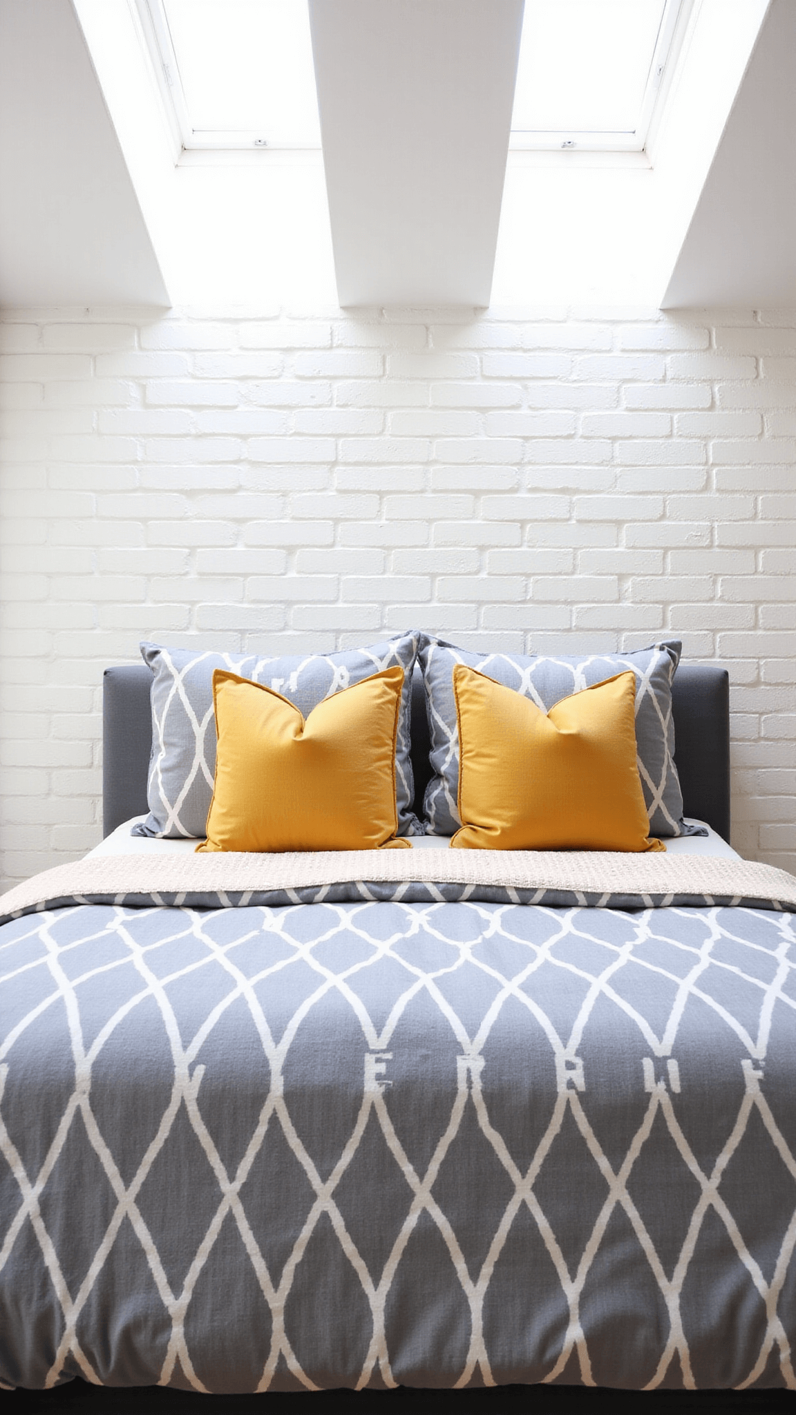 King-sized bed with geometric patterned bedding against a white, painted brick wall, illuminated by late morning light from skylights above