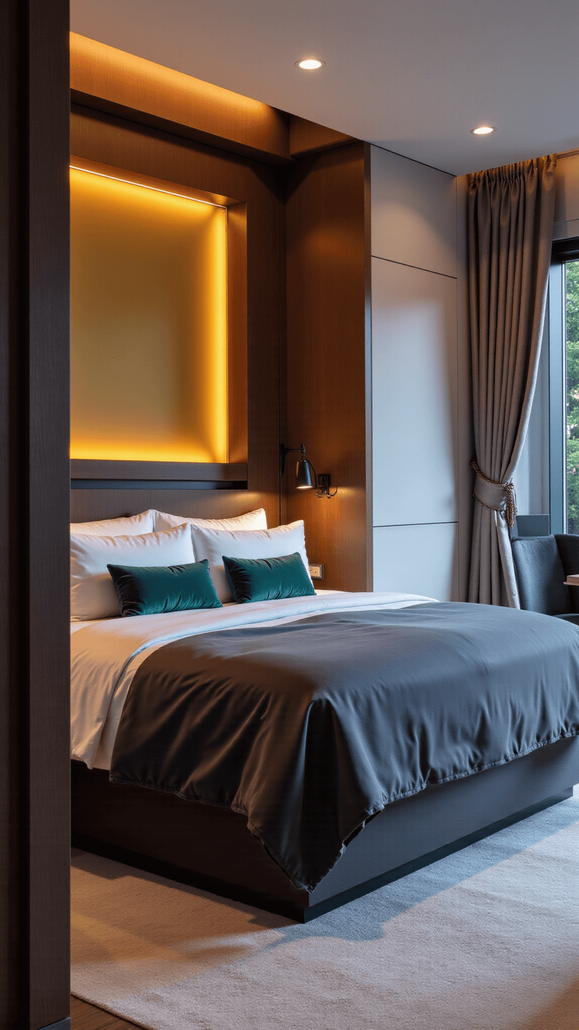 Master suite at dusk featuring modern architecture, a platform bed with white linens and charcoal duvet, jewel-toned accent pillows, and ambient LED cove lighting