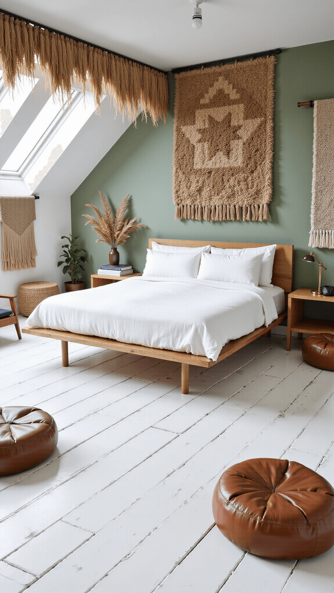 Bird's eye view of a bright artist's bedroom with a platform bed, pampas grass canopy, handwoven tapestries, vintage seating, and geometric patterned textiles.