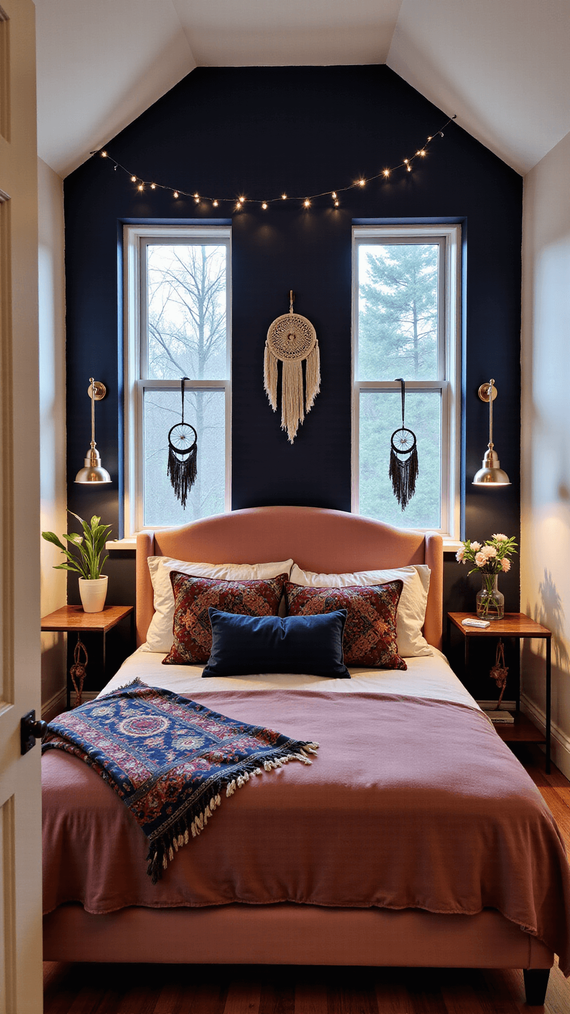 Twilight in a cozy 14x16ft attic bedroom with twinkling string lights against dark navy walls, warm brass sconces, dusty rose velvet upholstered bed with vintage Suzani textiles, rainbow reflections from crystal prisms in dormer windows, and oversized dream catchers and macramé plant hangers for dimension.