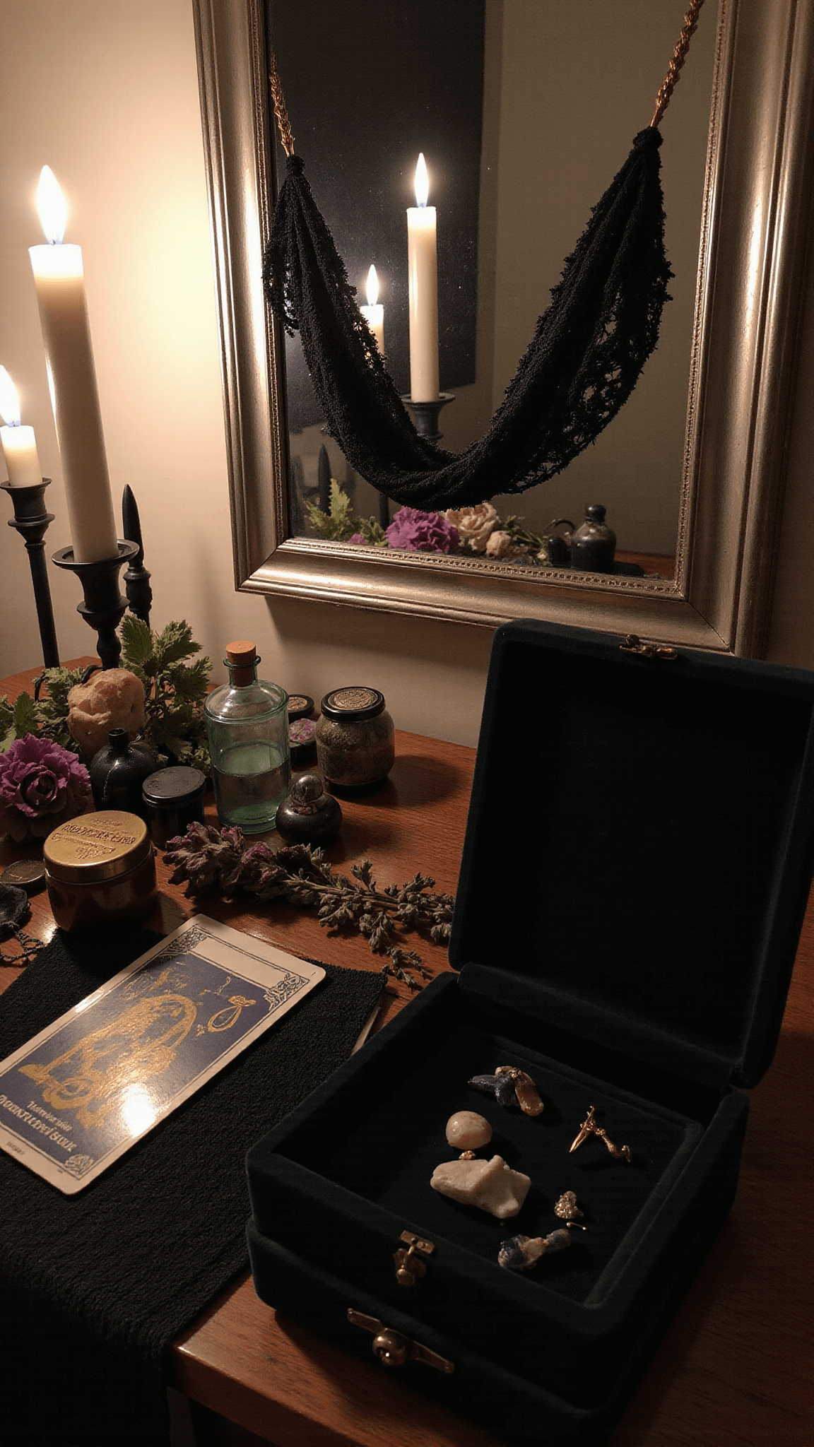 Antique silver mirror reflecting candlelight onto potion bottles, crystal points, and dark velvet jewelry box with vintage pieces, surrounded by tarot cards, rune stones, dried roses, and lavender on a vanity vignette with black lace draped over mercury glass containers.