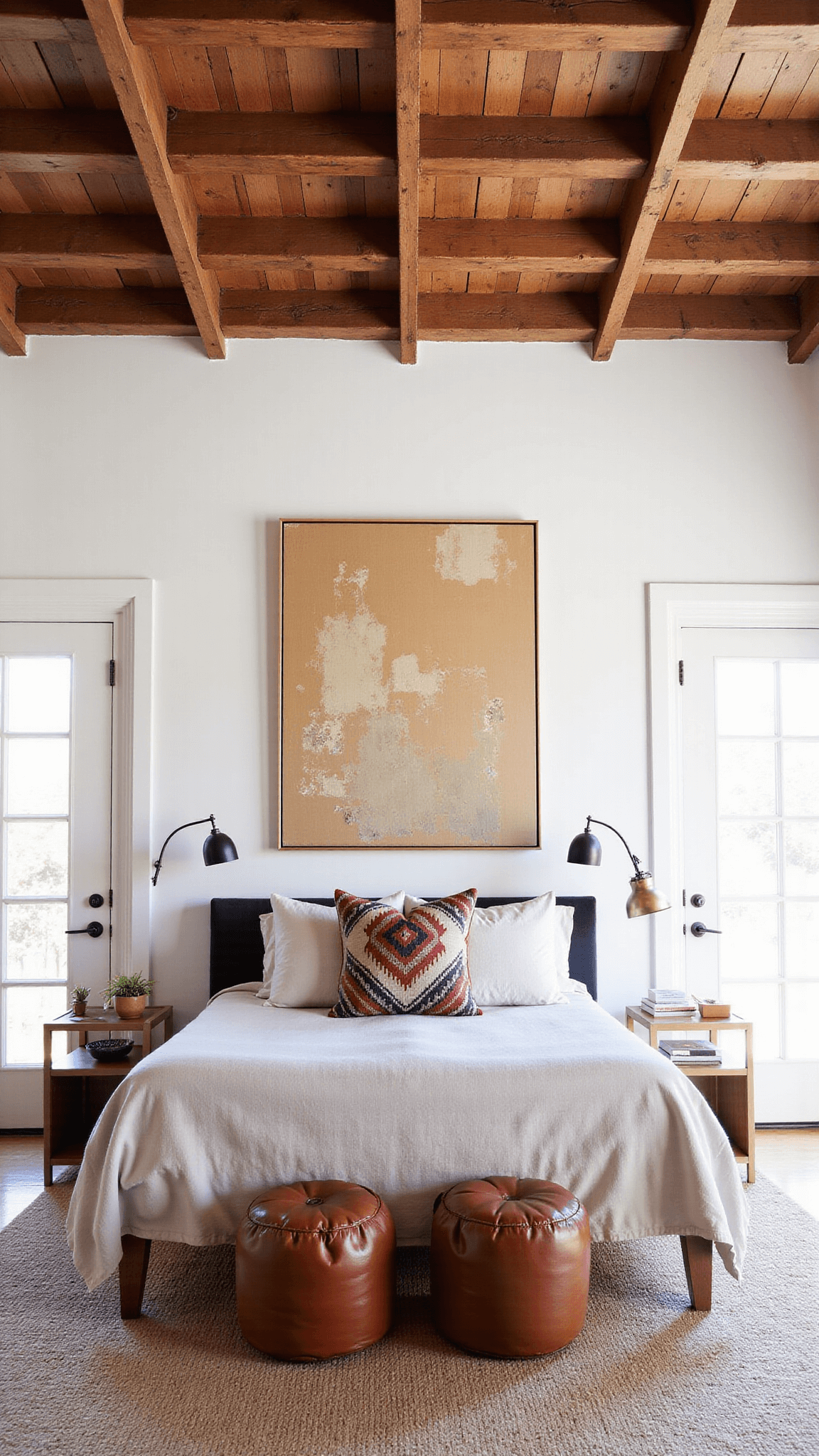 Sunlit main bedroom with reclaimed wood beam ceiling, California king bed with vintage kilim pillows, Moroccan leather poufs, brass side tables, and oversized abstract desert-toned canvas.