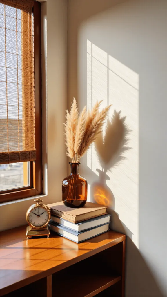 morning-bedroom-teak-sunlight-webp "Sunlight casting linear shadows through bamboo blinds onto teak bedside table with stacked art books, an amber glass vase with dried pampas grass, and a modernist brass clock showing 7:15, shot from a low angle at eye-level with table surface."