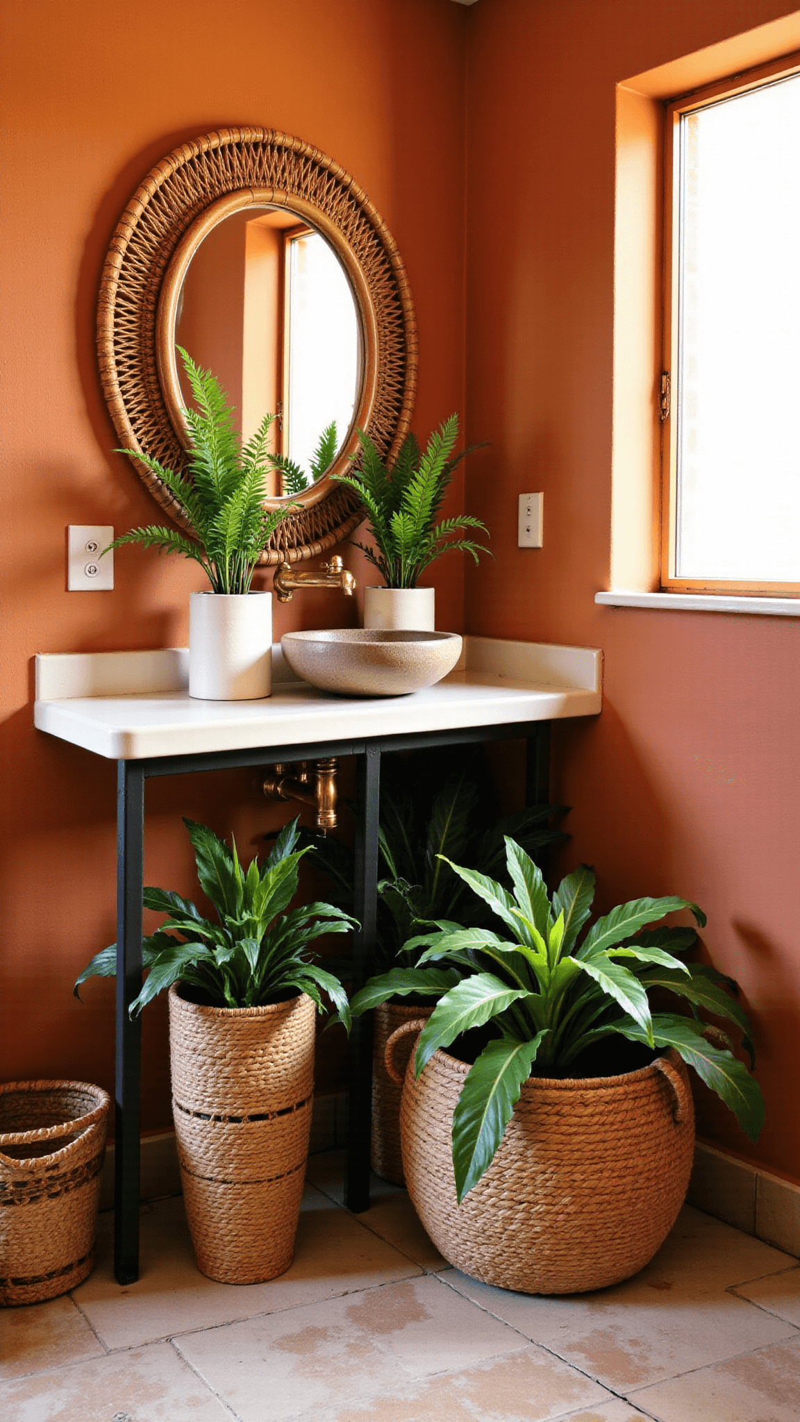 Creating Your Bathroom Oasis: A Guide to Humidity-Loving Plants Bohemian bathroom retreat with terra cotta walls, handmade cement tiles, layered plant composition featuring monstera, ferns, and spider plants in ceramic pots, a rattan mirror, woven baskets, vintage brass fixtures, bathed in warm golden hour light.