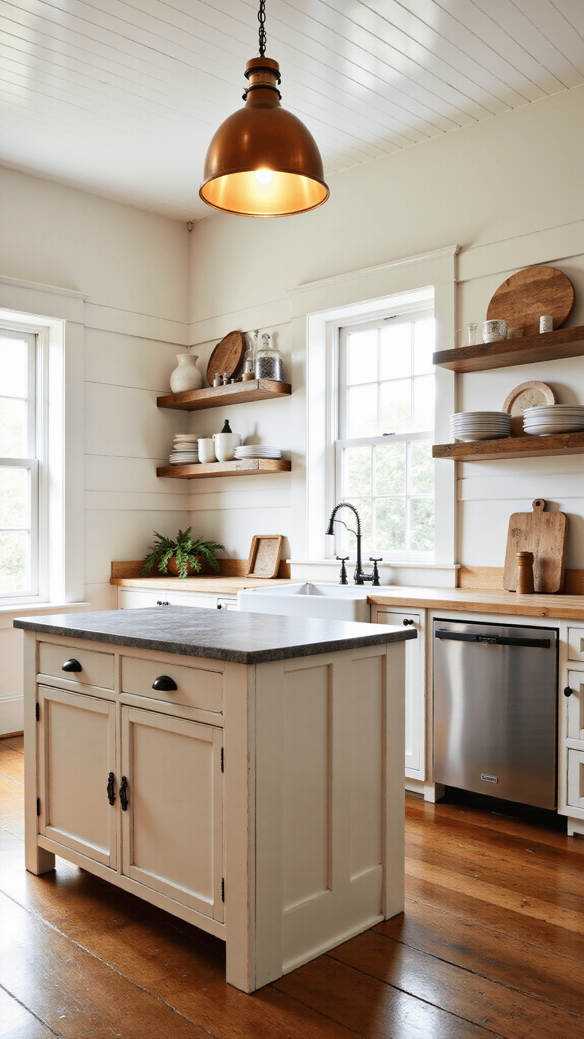 Sunlit farmhouse kitchen with oak floors, alabaster white walls, beadboard ceilings, vintage copper lamp, distressed white island with soapstone top, open shelving with ironstone and cutting boards, and farmhouse sink beneath large windows.