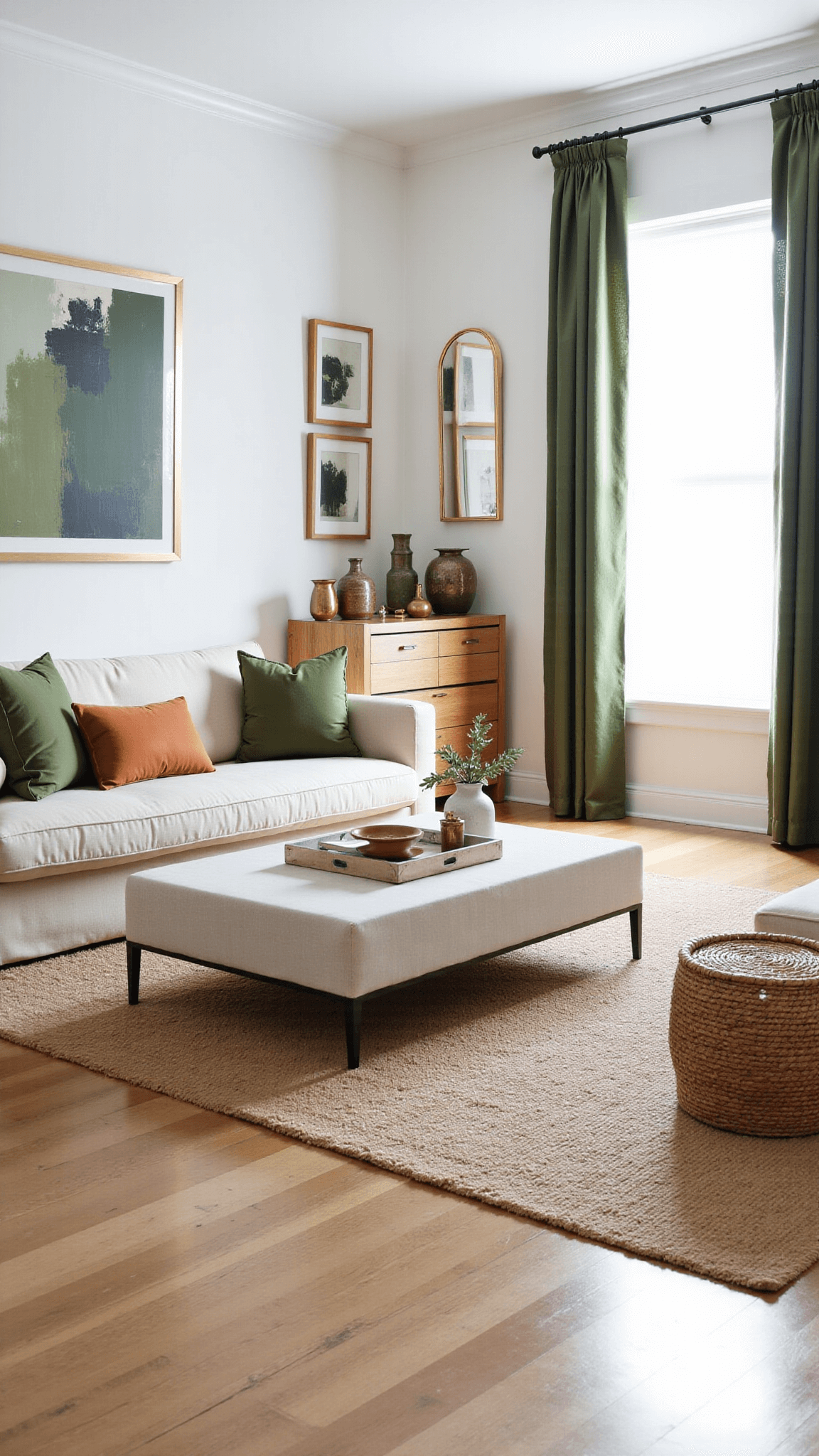 Bright, minimalist living room with high ceilings, sage green curtains, cream sectional sofa, and natural accents including limestone coffee table and pottery collections.
