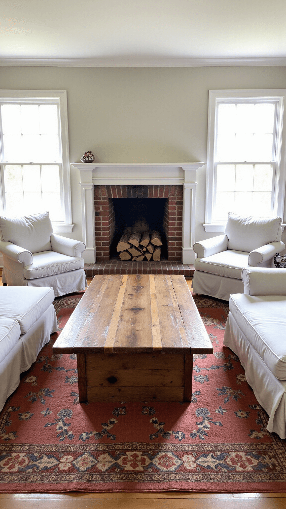 Farmhouse great room in morning light with reclaimed wood coffee table, white slipcovered furniture, vintage kilim rug, and stacked firewood in a brick fireplace.
