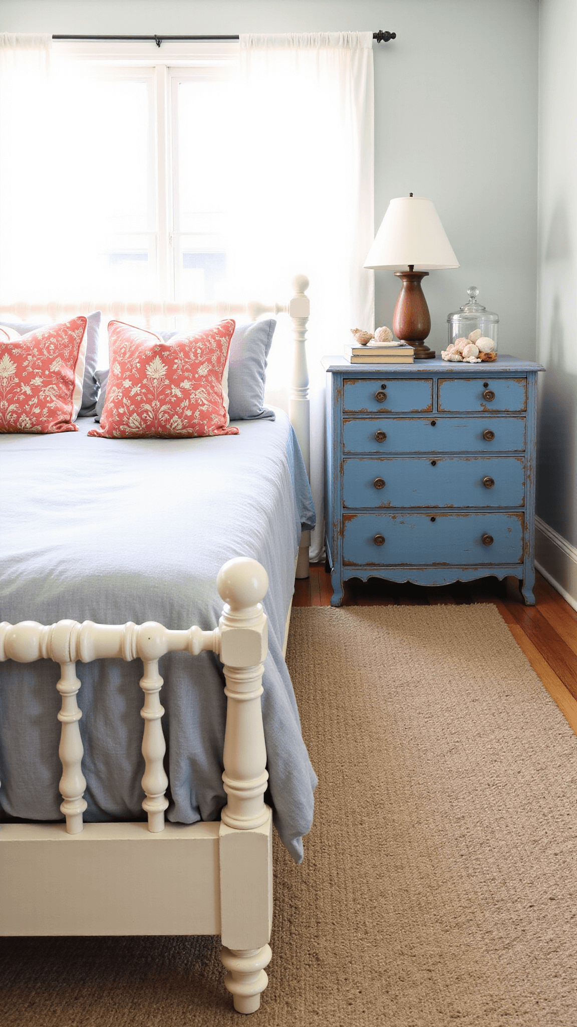 Bright 12x14ft guest bedroom with white curtains, vintage spindle bed with coral-patterned pillows, distressed blue console with maritime artifacts, and a braided wool rug, bathed in morning sunlight.