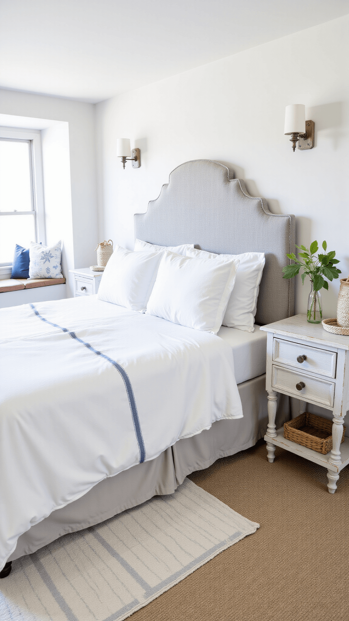 Coastal inspired master suite with pale grey linen headboard, white and blue striped bedding, nautical decor, weathered oak furniture, and built-in window seat.