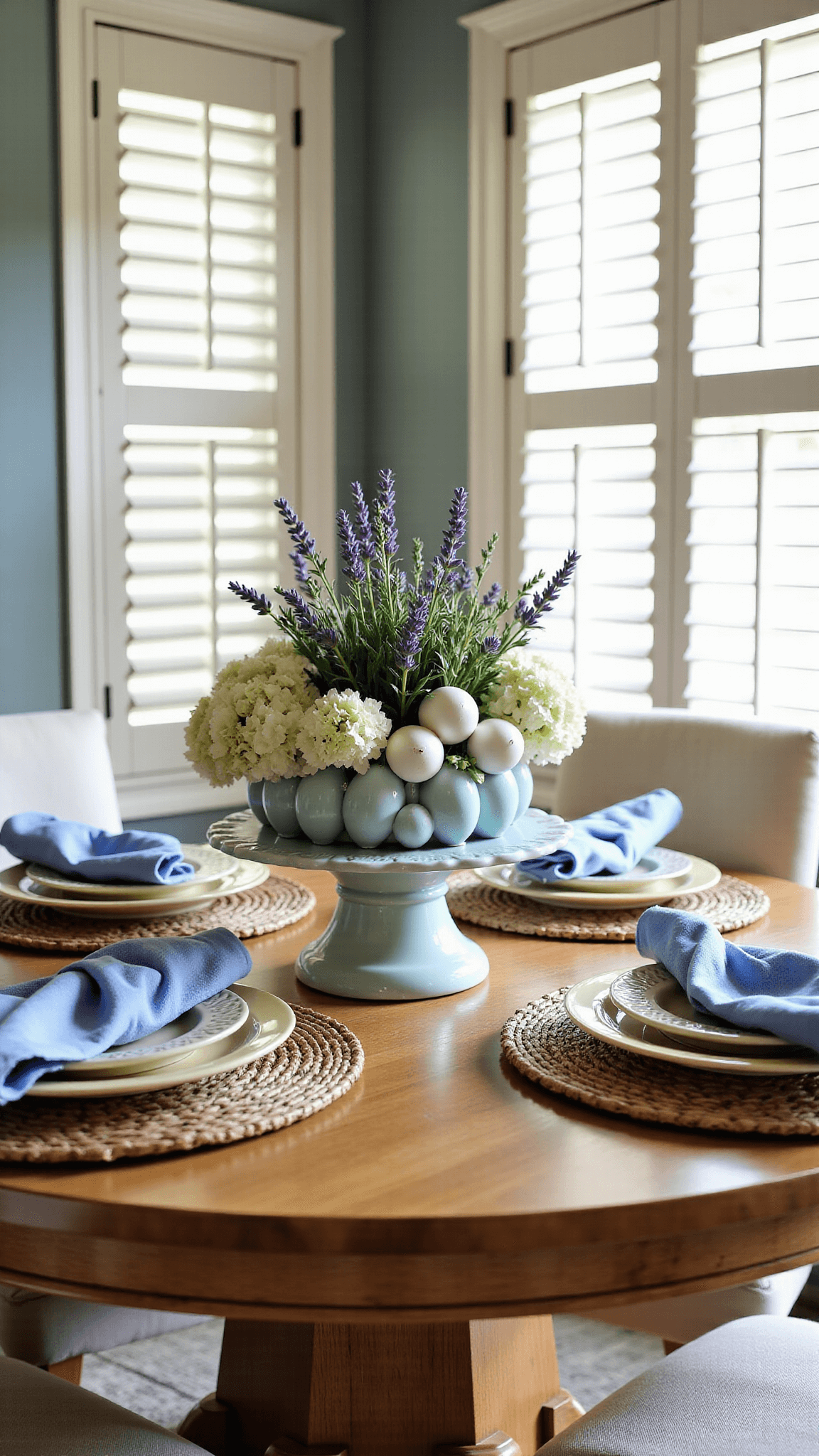 Sunny dining room corner with round oak table, rattan chargers, cream plates, and blue linen napkins, featuring centerpiece with ceramic eggs and fresh flowers, captured at low angle with soft backlighting.