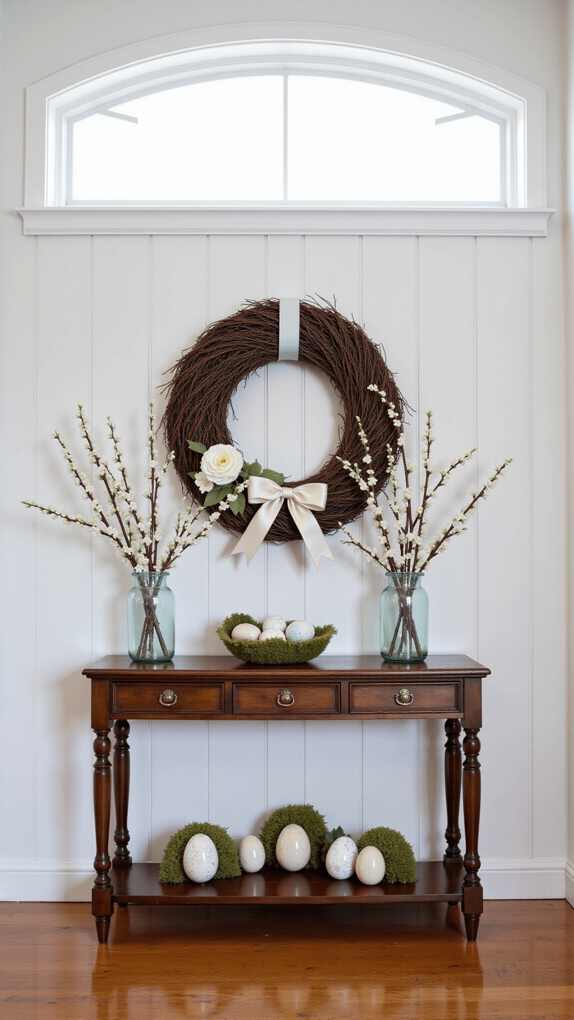 Traditional entryway painted white with a vintage console table styled for Easter, featuring a large grapevine wreath with faux dogwood and ribbon, mercury glass vases with pussy willows, and moss-covered ceramic eggs