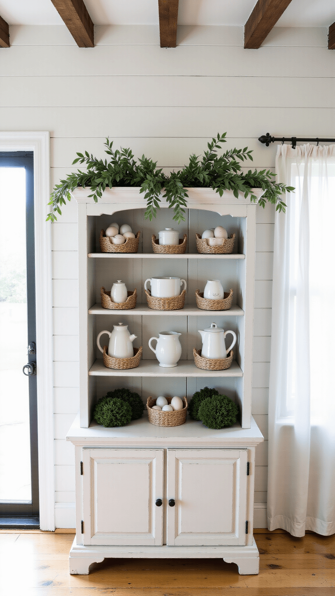 Modern farmhouse kitchen nook with white shiplap walls, wooden beams, café curtains, distressed hutch displaying milk glass, eucalyptus garland and Easter eggs in twine baskets