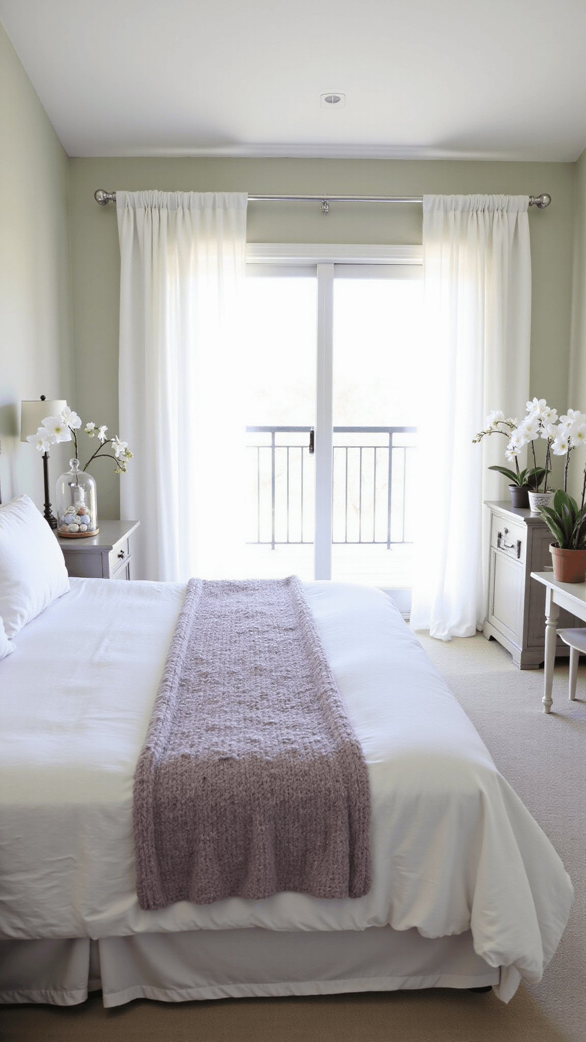 Master bedroom with vaulted ceiling, king bed in white linens, pale lilac throw, Easter decorations, and French doors opening to a balcony, illuminated by soft morning light.