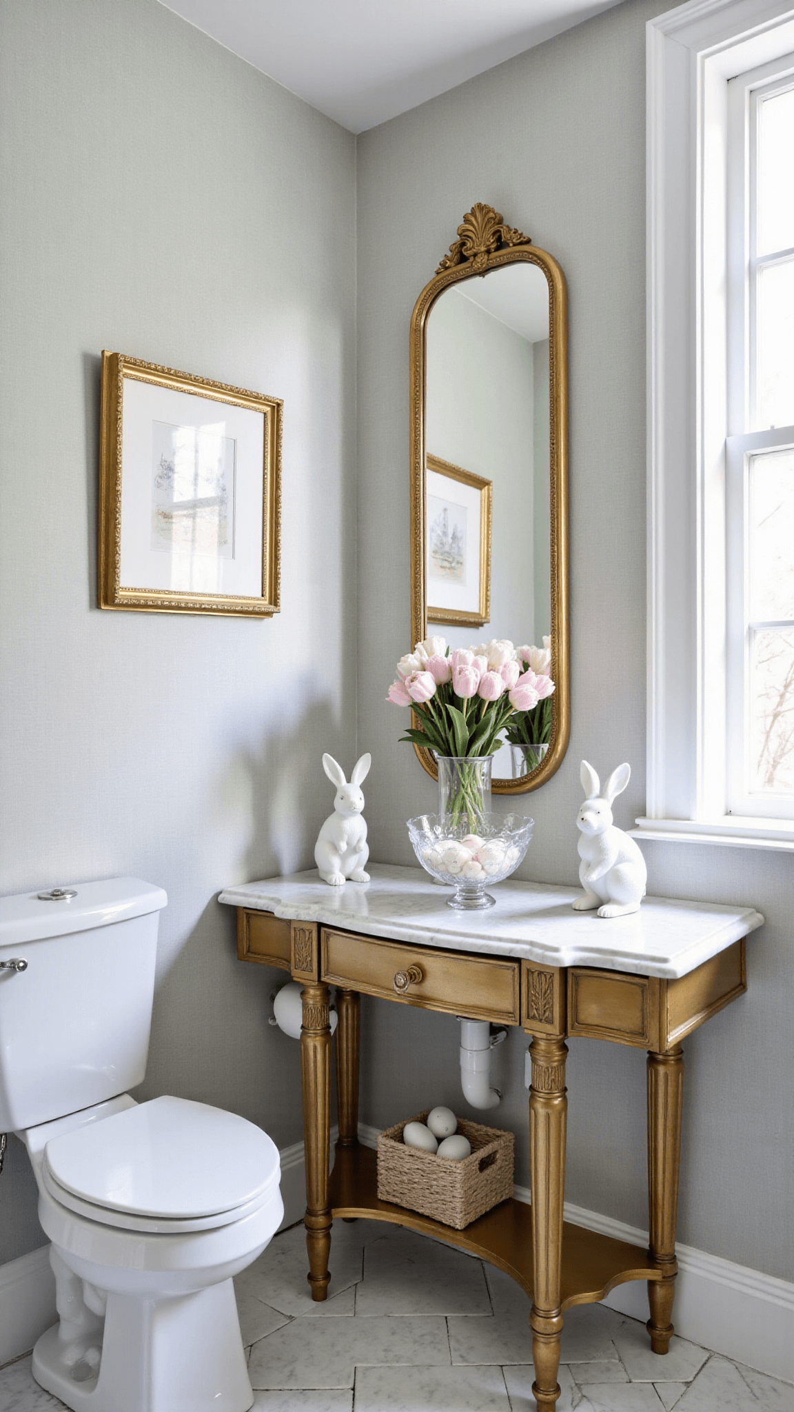 Sophisticated grey powder room with marble herringbone floors, brass vanity adorned with ceramic bunny sculptures and pink ranunculus in glass vases, under soft afternoon light filtering through frosted window.