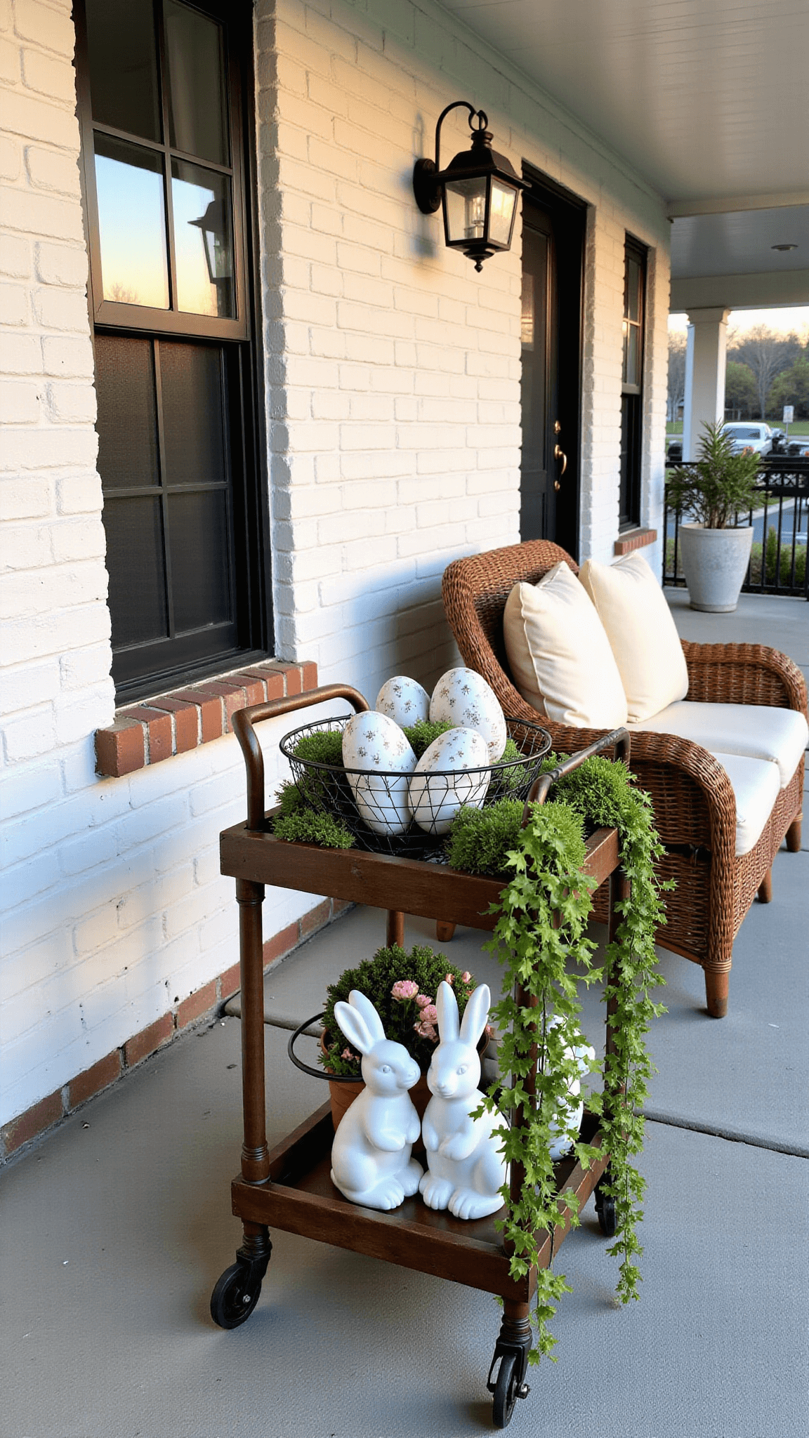 Welcoming porch with whitewashed brick exterior and black-framed windows, featuring weathered wood furniture, wicker seats with ivory cushions, antique tea cart and decor of ceramic bunnies, spring bulbs, and wire baskets with speckled eggs and ivy