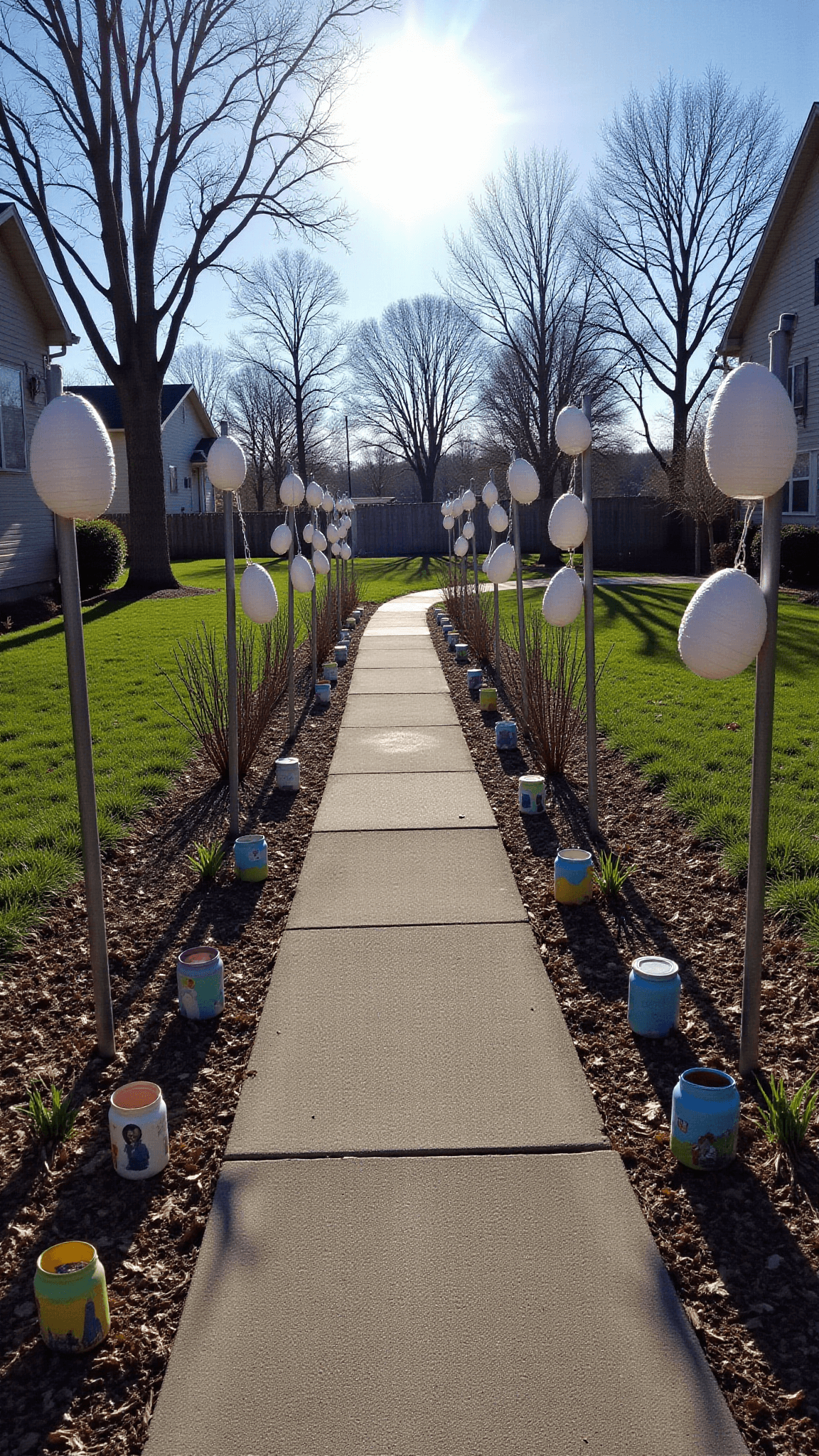 Morning Easter parade on a straight walkway decorated with DIY paper lantern eggs suspended from shepherd's hooks, recycled mason jars with pastel painted branches, and wooden egg cutouts in mulch beds, with a natural sun lens flare creating a playful, creative mood.