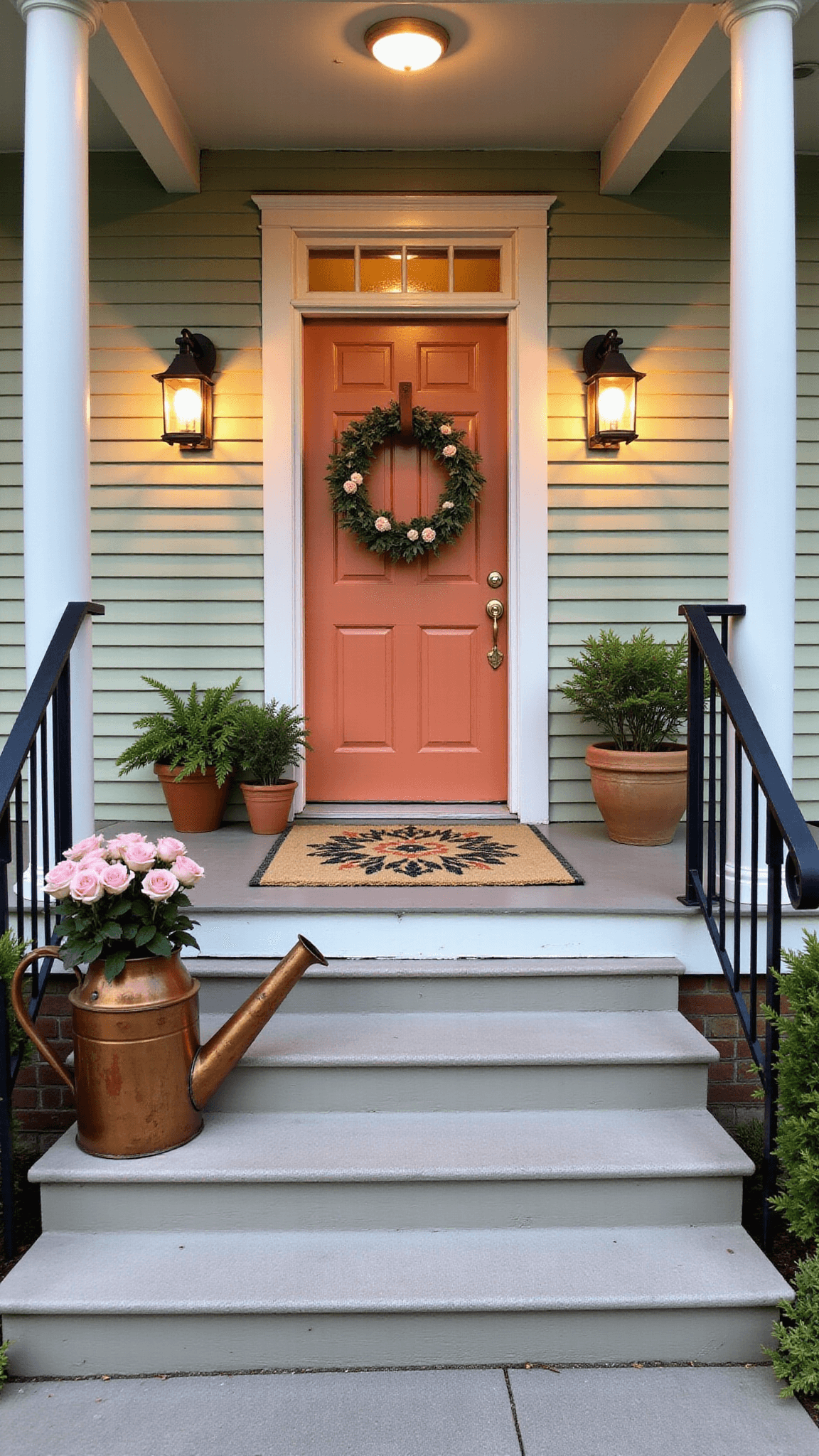 Twilight view from below steps of a 5x8ft cottage porch decorated with vintage lanterns, hand-painted terra cotta pots, and market lights in peach and sage green tones, accented with layered sisal and botanical print rugs and a weathered copper watering can holding fresh garden roses, captured at ISO 800 for ambient lighting.