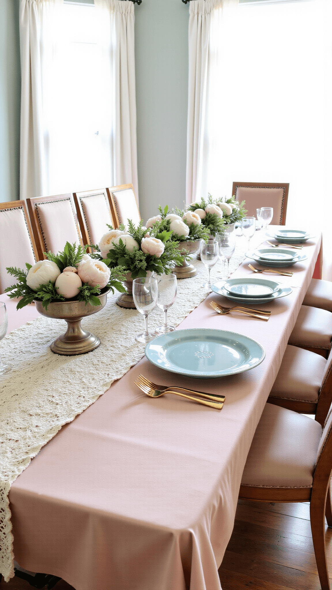 Sunlit elegant dining room with large bay windows, blush pink tablecloth, vintage cream lace runner, floral centerpiece, and color alternated place settings.