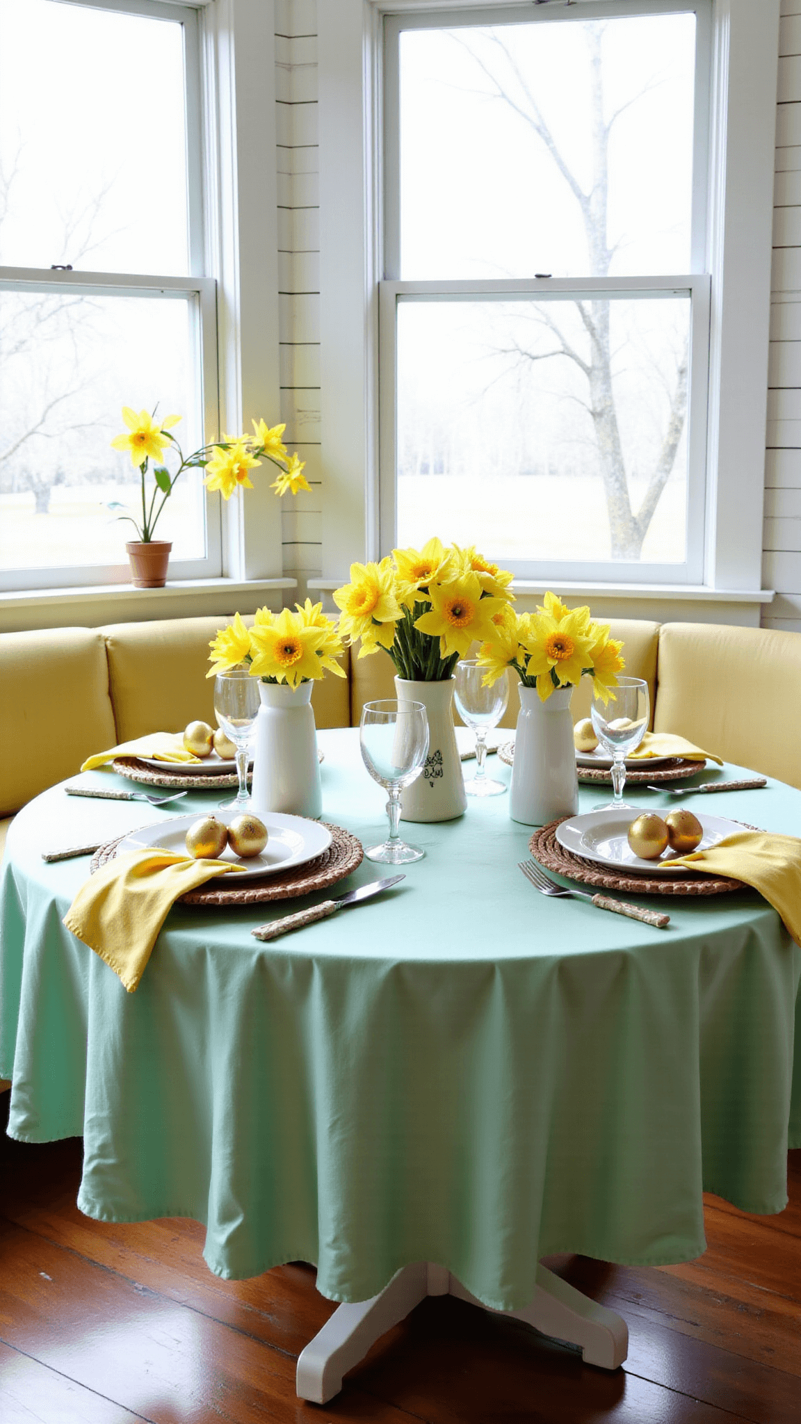 Modern breakfast nook with white shiplap walls and window seat, mint green silk covered table with golden eggs and spring flowers, shot from above.