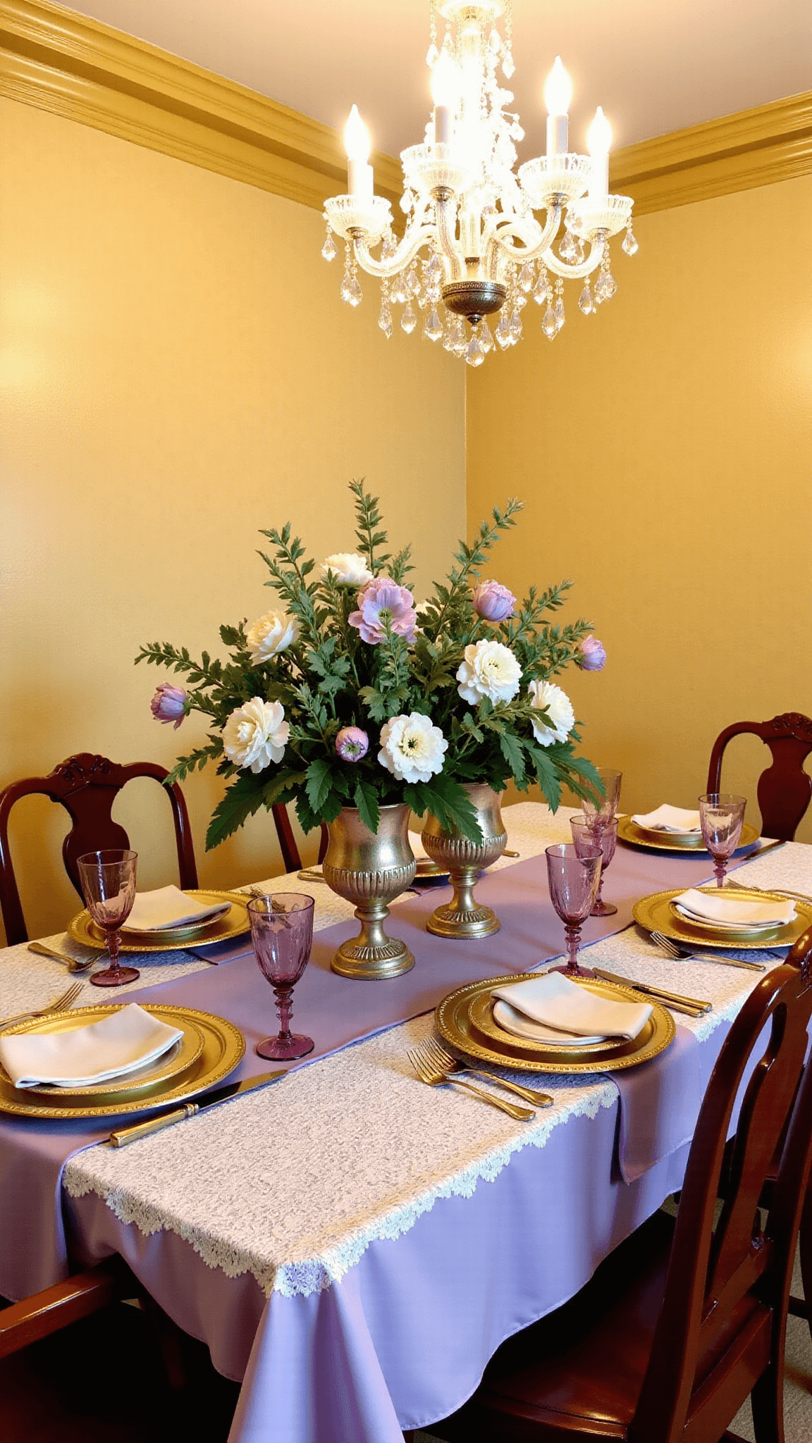 Formal dining room with damask wallpaper, mahogany table set with fine china, and floral centerpiece under a crystal chandelier during golden hour