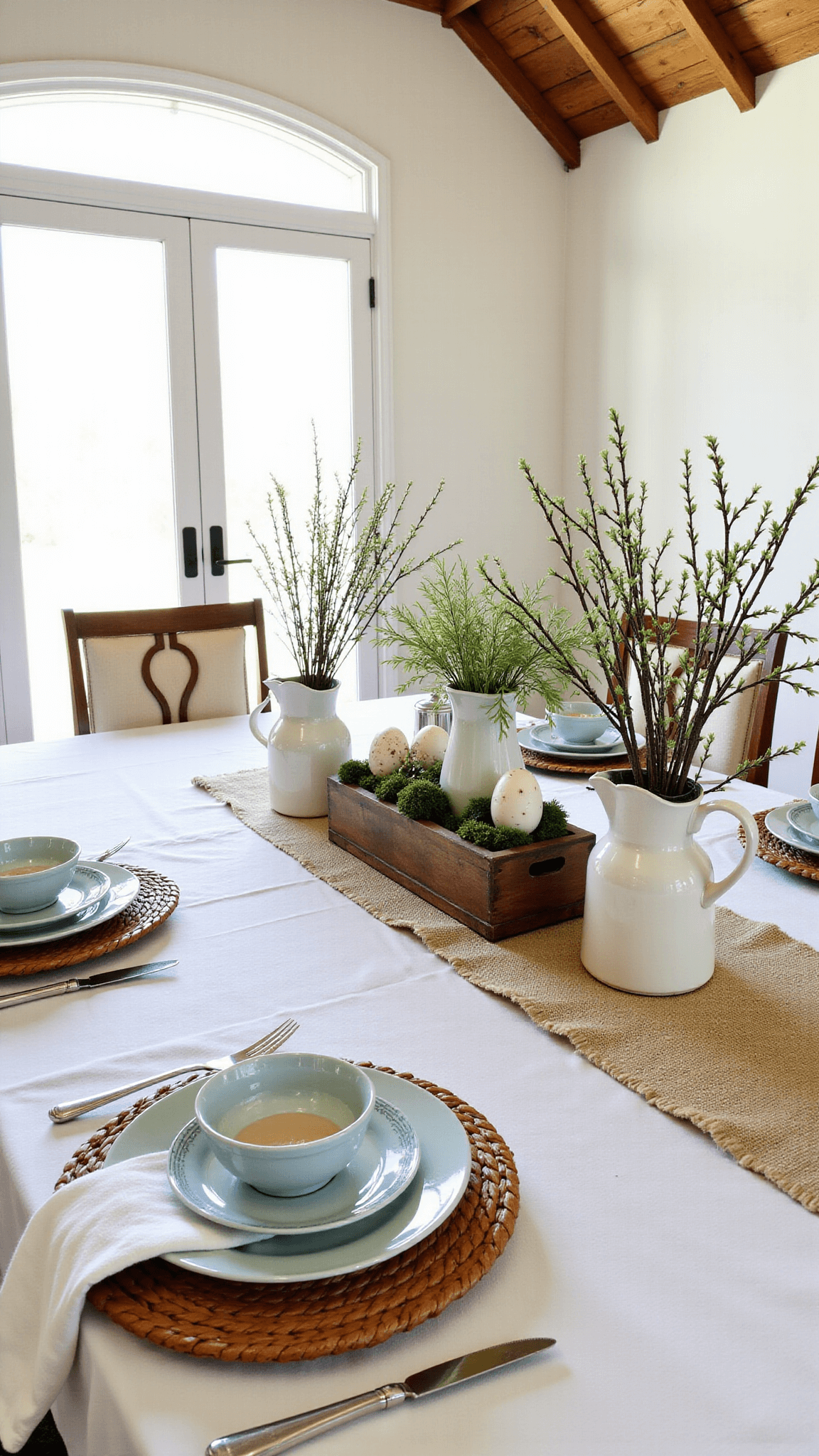 Rustic-elegant great room with vaulted ceiling, farmhouse table set with vintage china and herb topiaries, French doors letting in morning sunlight.